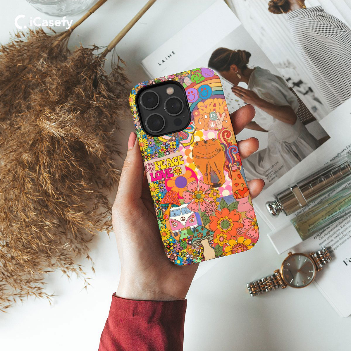 Retro Groovy Hippie Floral Rainbow Trippy Phone Case iPhone Samsung Pixel & More #414 - Image 2