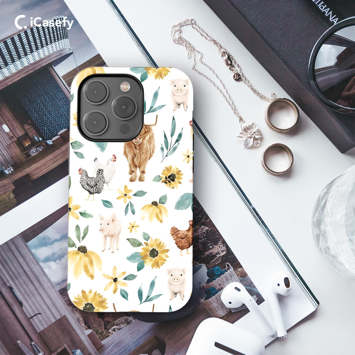 Seamless Animal Chicken Pig Bull Sunflower Phone Case iPhone Samsung Cover Pixel 1838 - Image 3