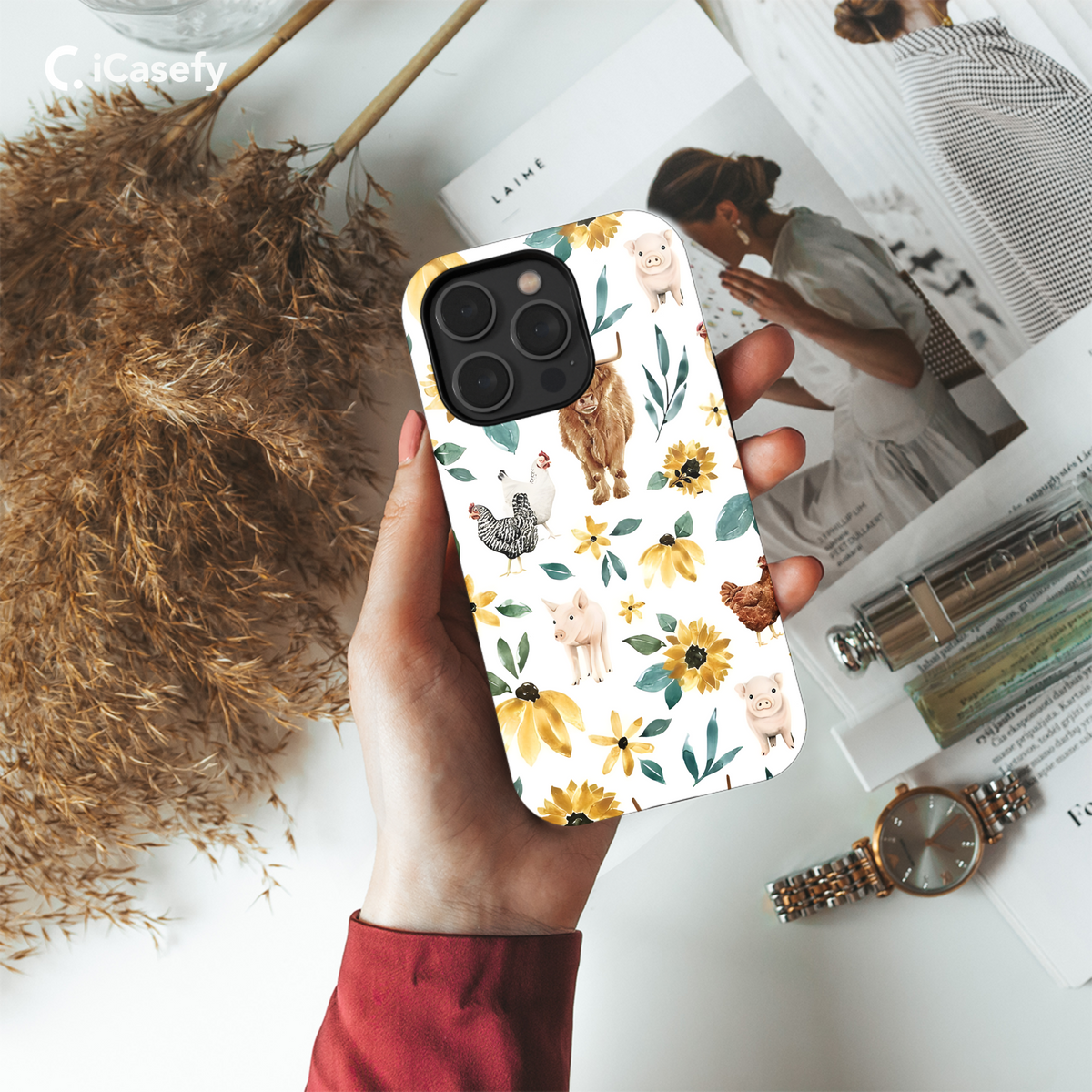 Seamless Animal Chicken Pig Bull Sunflower Phone Case iPhone Samsung Cover Pixel 1838 - Image 4