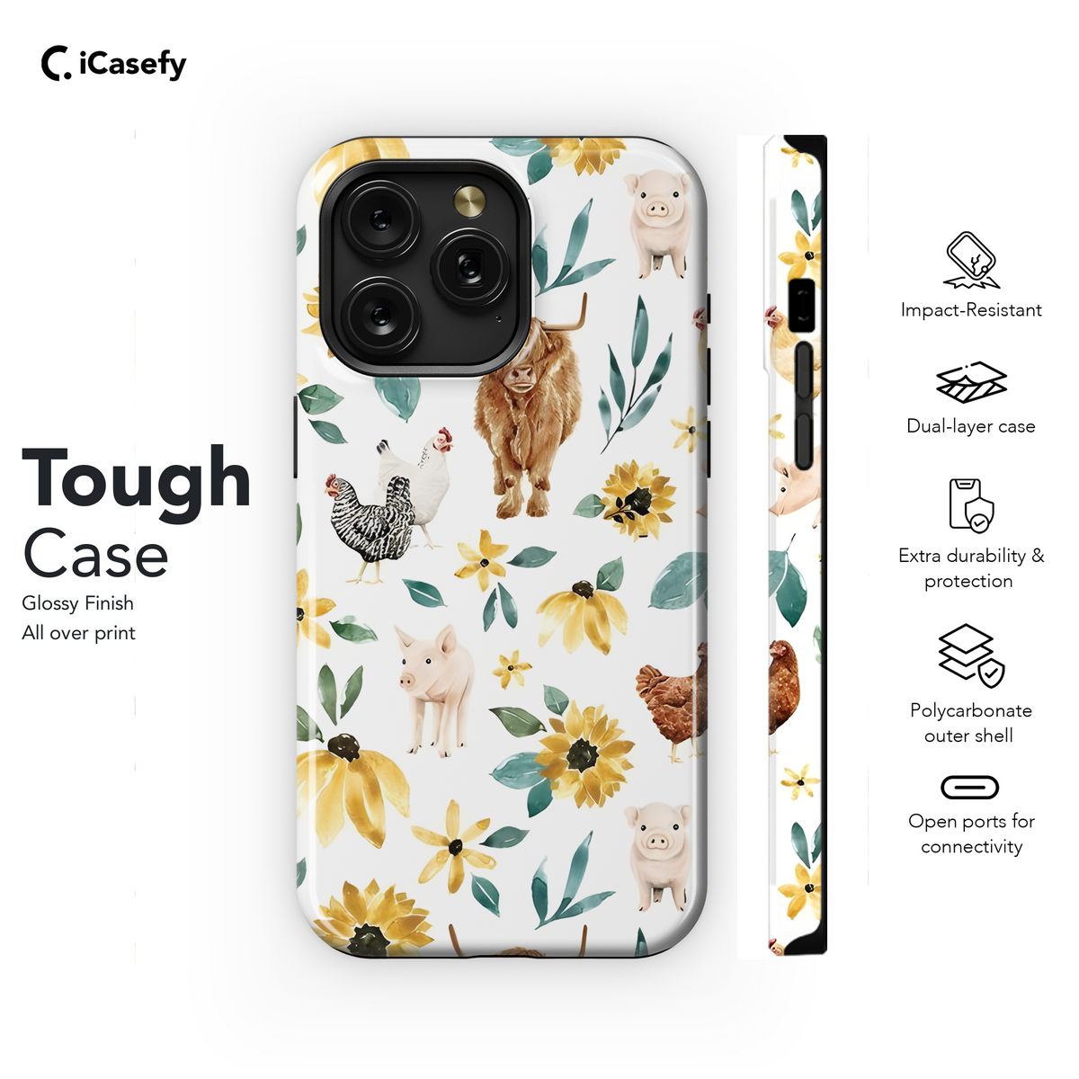 Seamless Animal Chicken Pig Bull Sunflower Phone Case iPhone Samsung Cover Pixel 1838 - Image 6