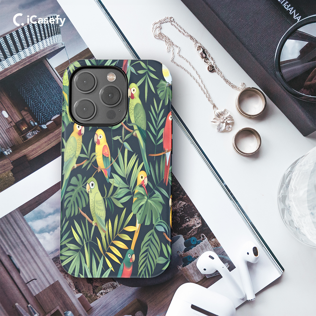 Seamless Green Leaf Bird Parrots Phone Case iPhone Samsung Cover Pixel 1055 - Image 3