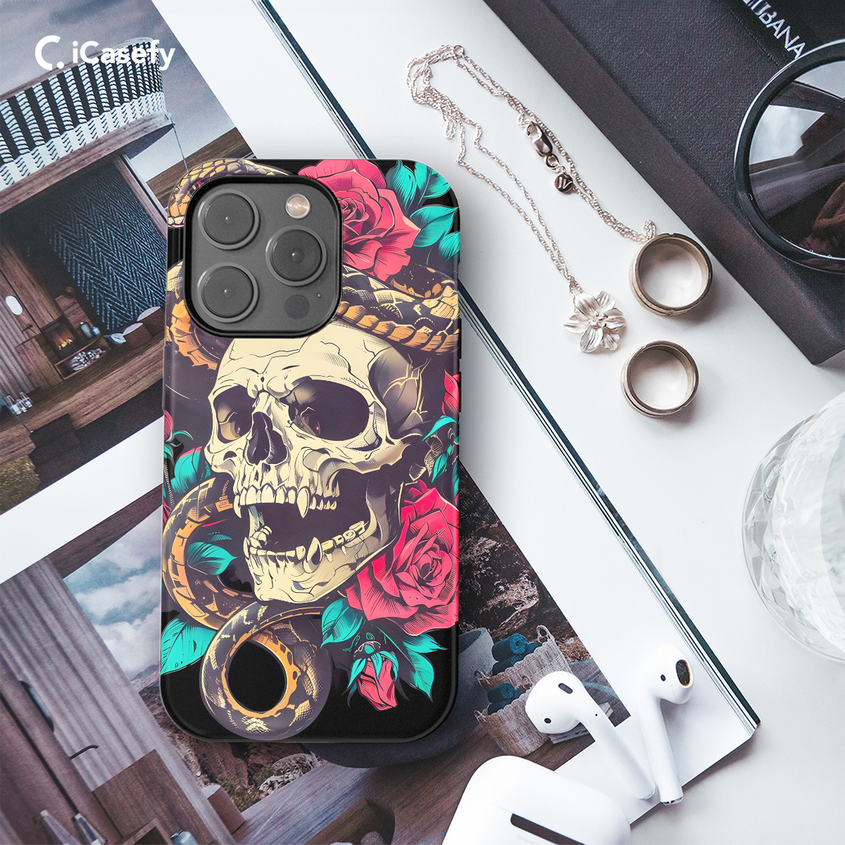 Snake Flower Skeleton Head Gothic Red Rose Phone Case iPhone Samsung Cover Pixel 1033 - Image 3