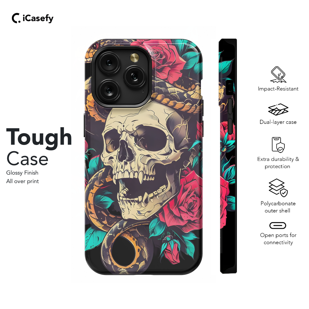 Snake Flower Skeleton Head Gothic Red Rose Phone Case iPhone Samsung Cover Pixel 1033 - Image 5