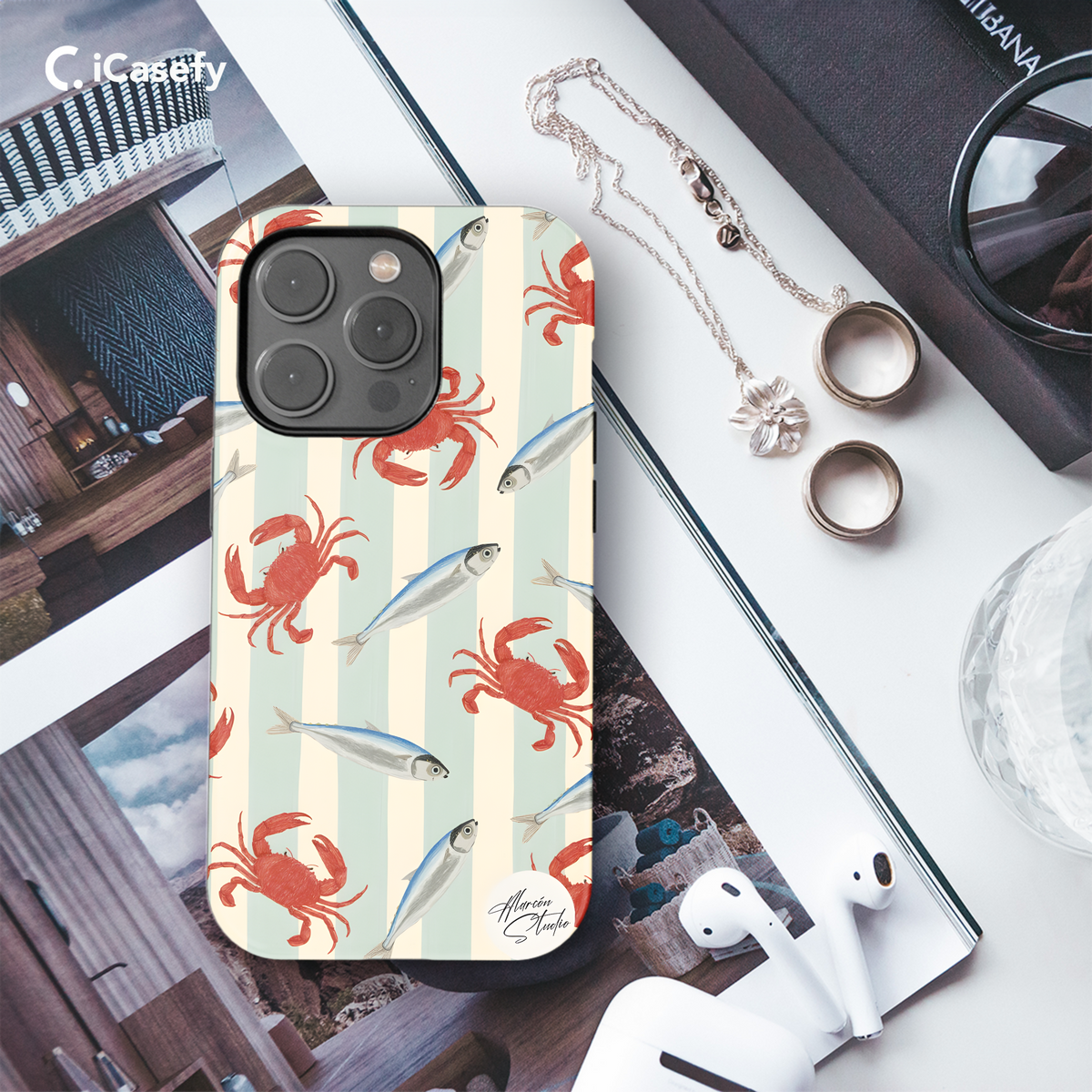 Striped Crabs Sardines Fish Phone Case iPhone Samsung Cover Pixel 1971 - Image 3