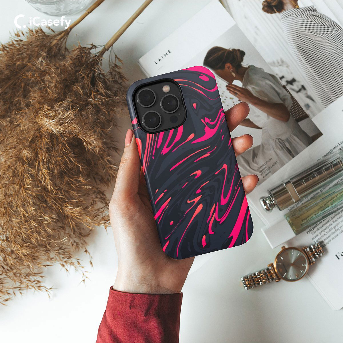 Topographic Map Marble Ombre Black Pink and Phone Case iPhone Samsung Pixel & More - Image 2