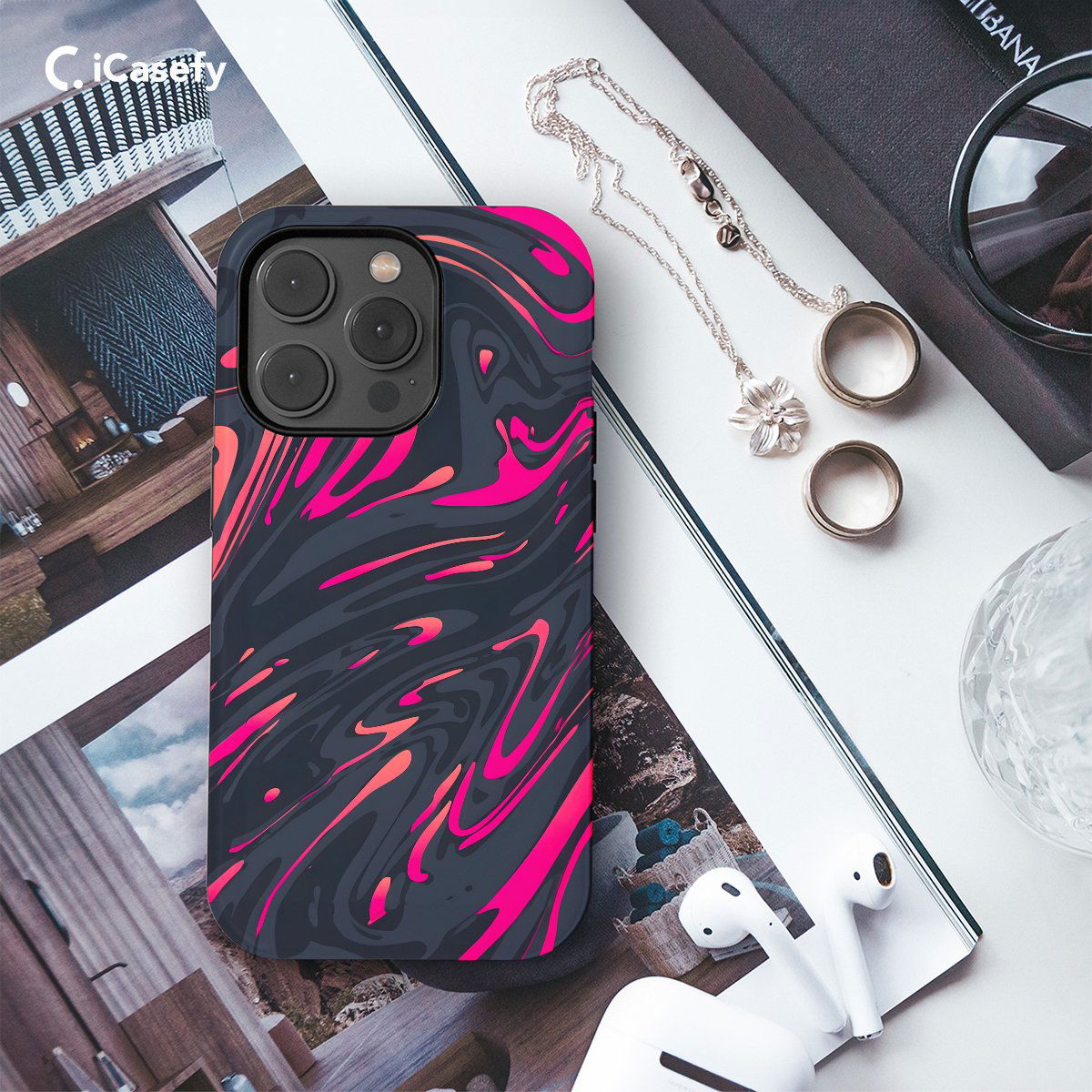 Topographic Map Marble Ombre Black Pink and Phone Case iPhone Samsung Pixel & More - Image 3