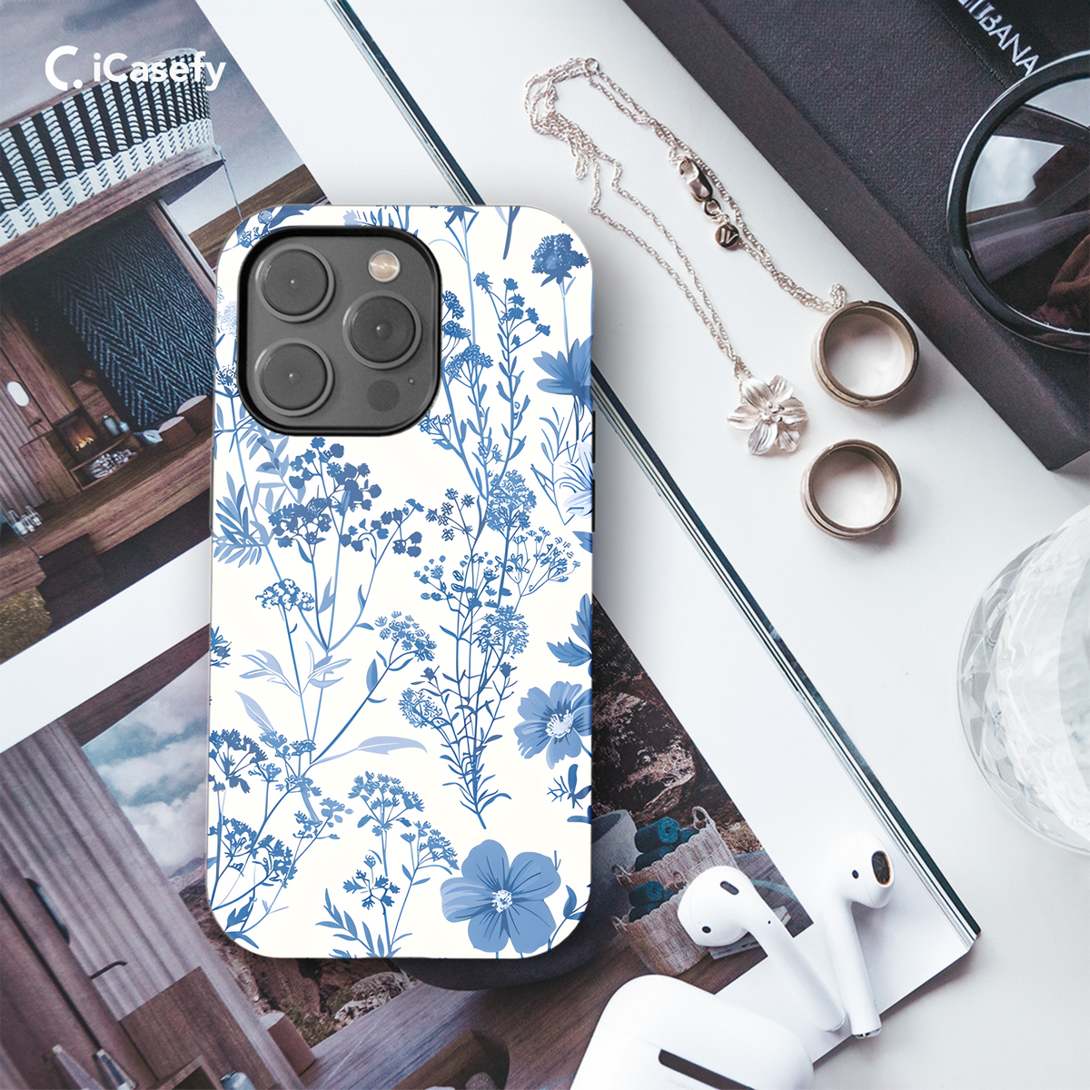 Vintage Floral Wildflower Blue Toile De Jouy Phone Case iPhone Samsung Cover Pixel 1831 - Image 3