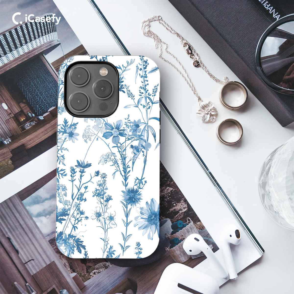 Vintage Floral Wildflower Blue Toile De Jouy Phone Case iPhone Samsung Cover Pixel 1832 - Image 3