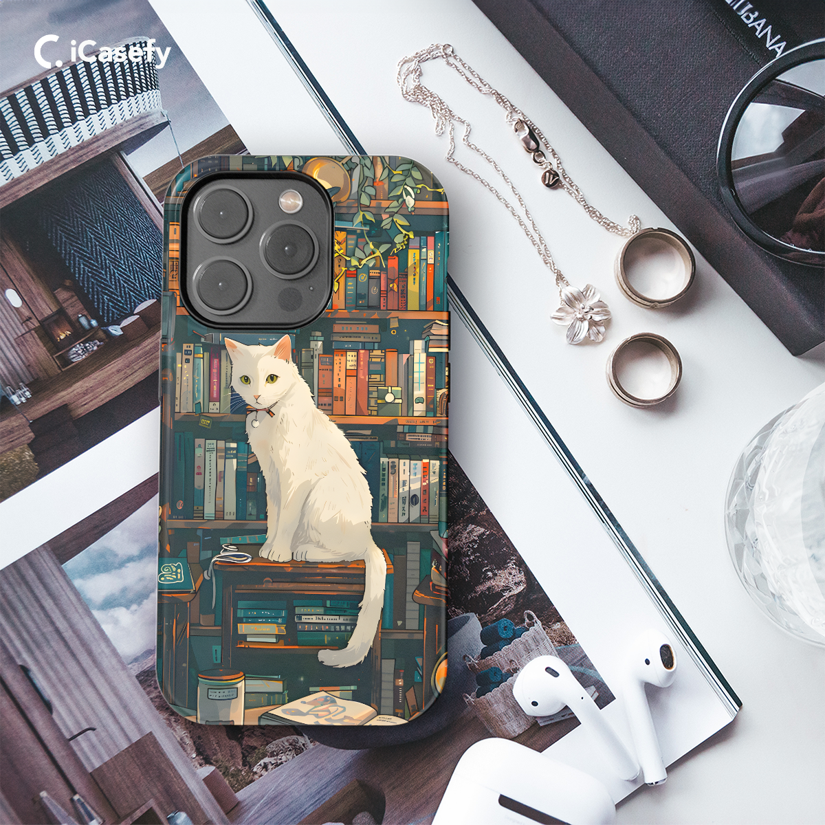 Vintage White Cat Book Lover Library Phone Case iPhone Samsung Cover Pixel 1018 - Image 3