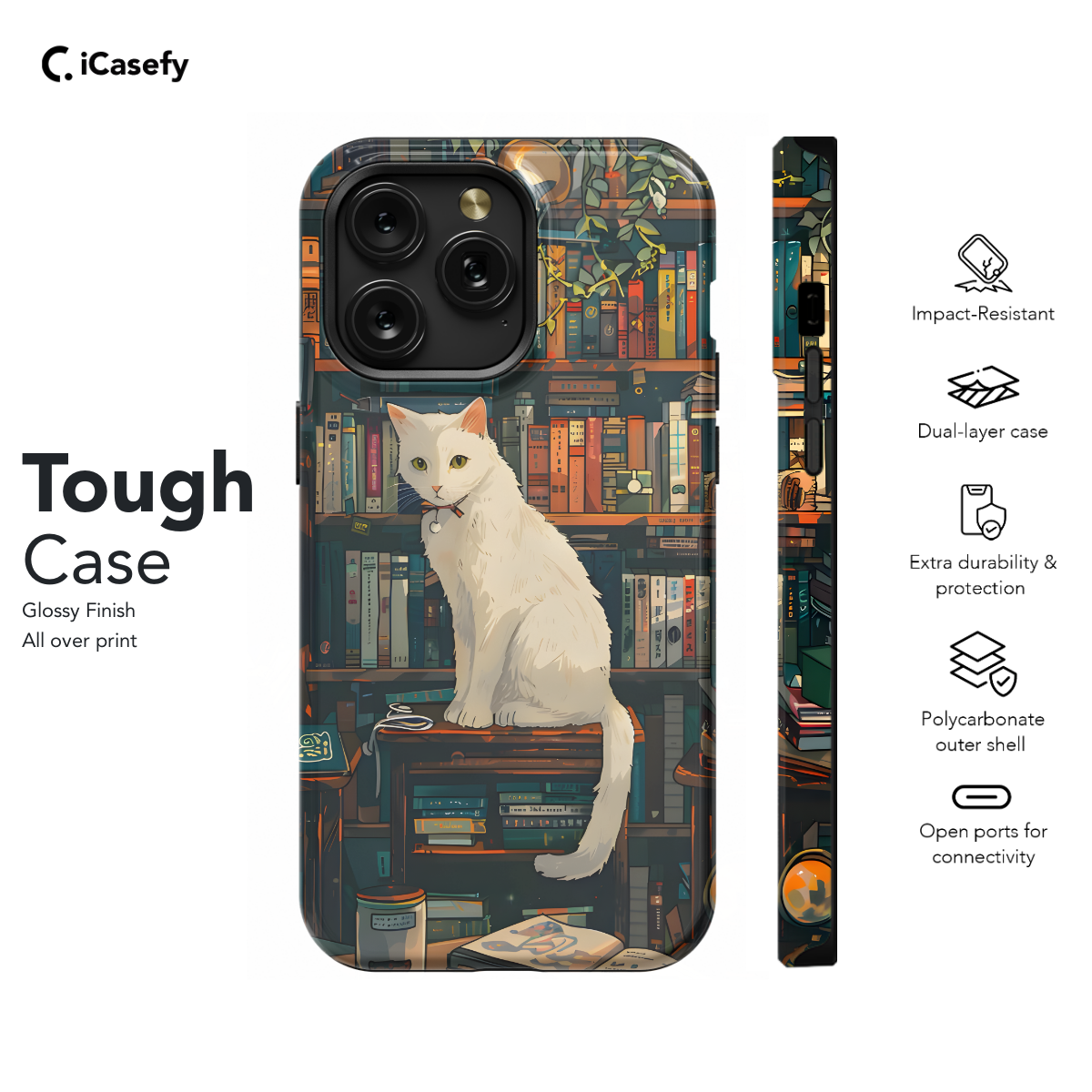 Vintage White Cat Book Lover Library Phone Case iPhone Samsung Cover Pixel 1018 - Image 5