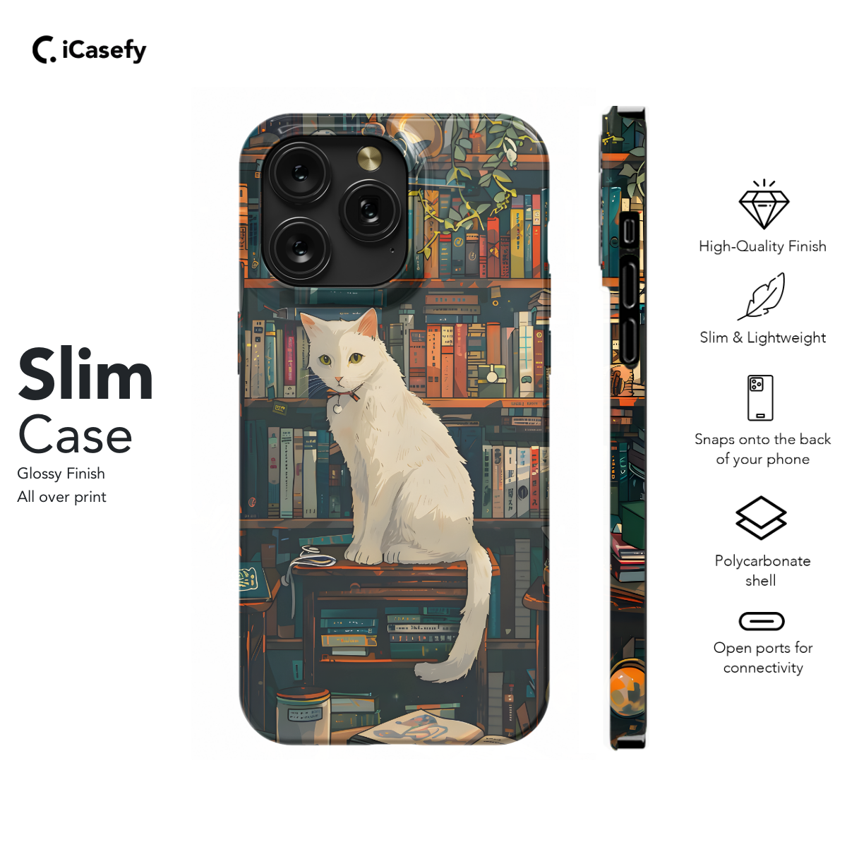 Vintage White Cat Book Lover Library Phone Case iPhone Samsung Cover Pixel 1018 - Image 6