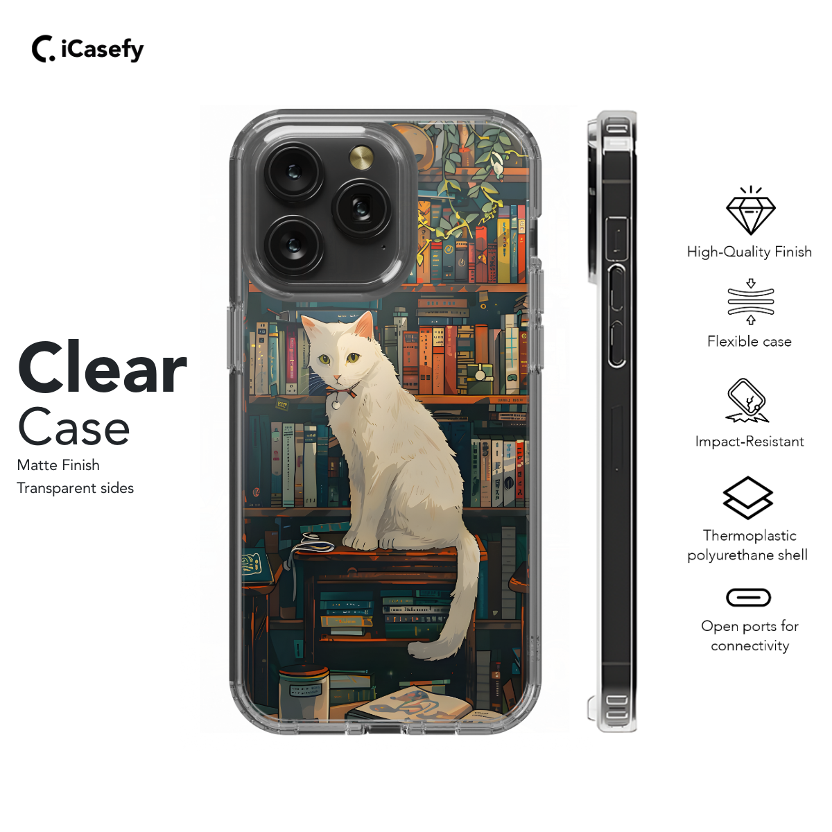 Vintage White Cat Book Lover Library Phone Case iPhone Samsung Cover Pixel 1018 - Image 7