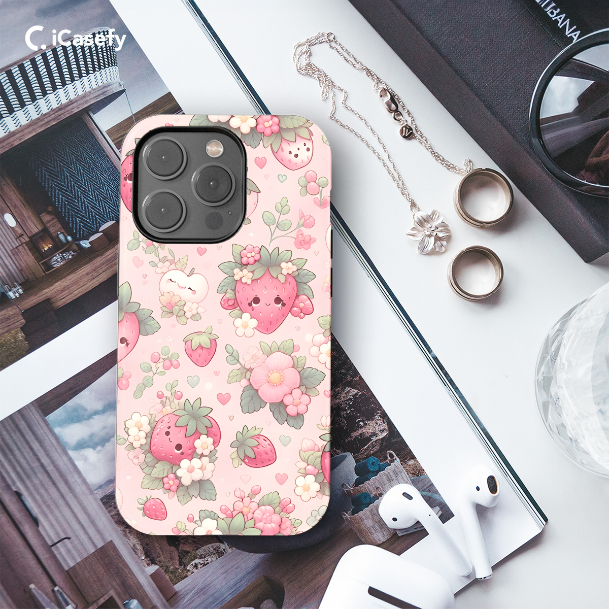 Watercolor Kawaii Strawberries Flower Phone Case iPhone Samsung Cover Pixel 1690 - Image 3