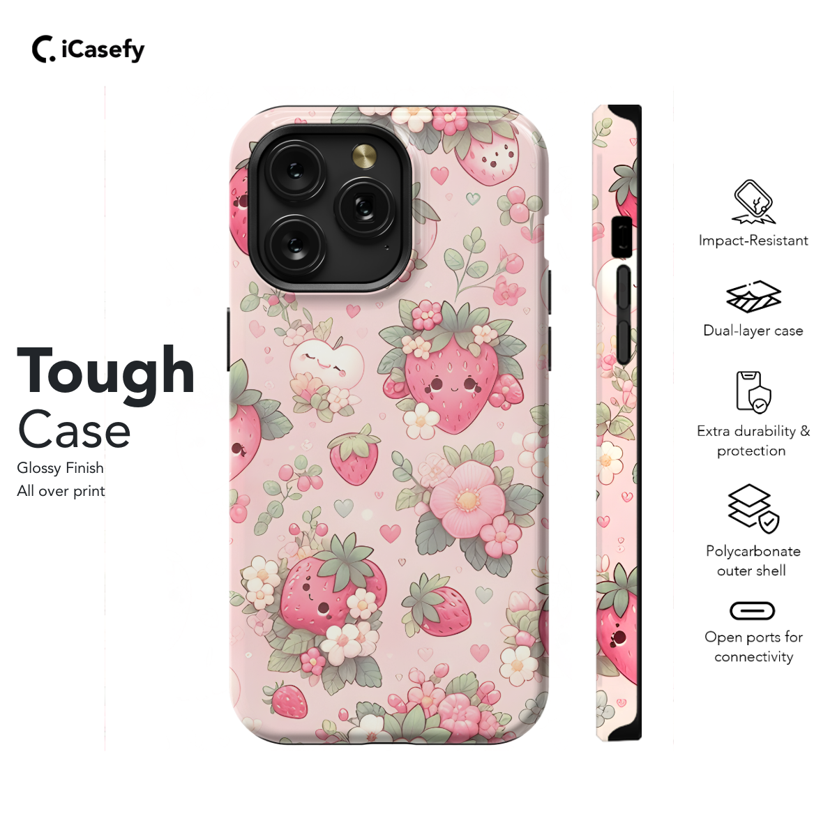 Watercolor Kawaii Strawberries Flower Phone Case iPhone Samsung Cover Pixel 1690 - Image 5