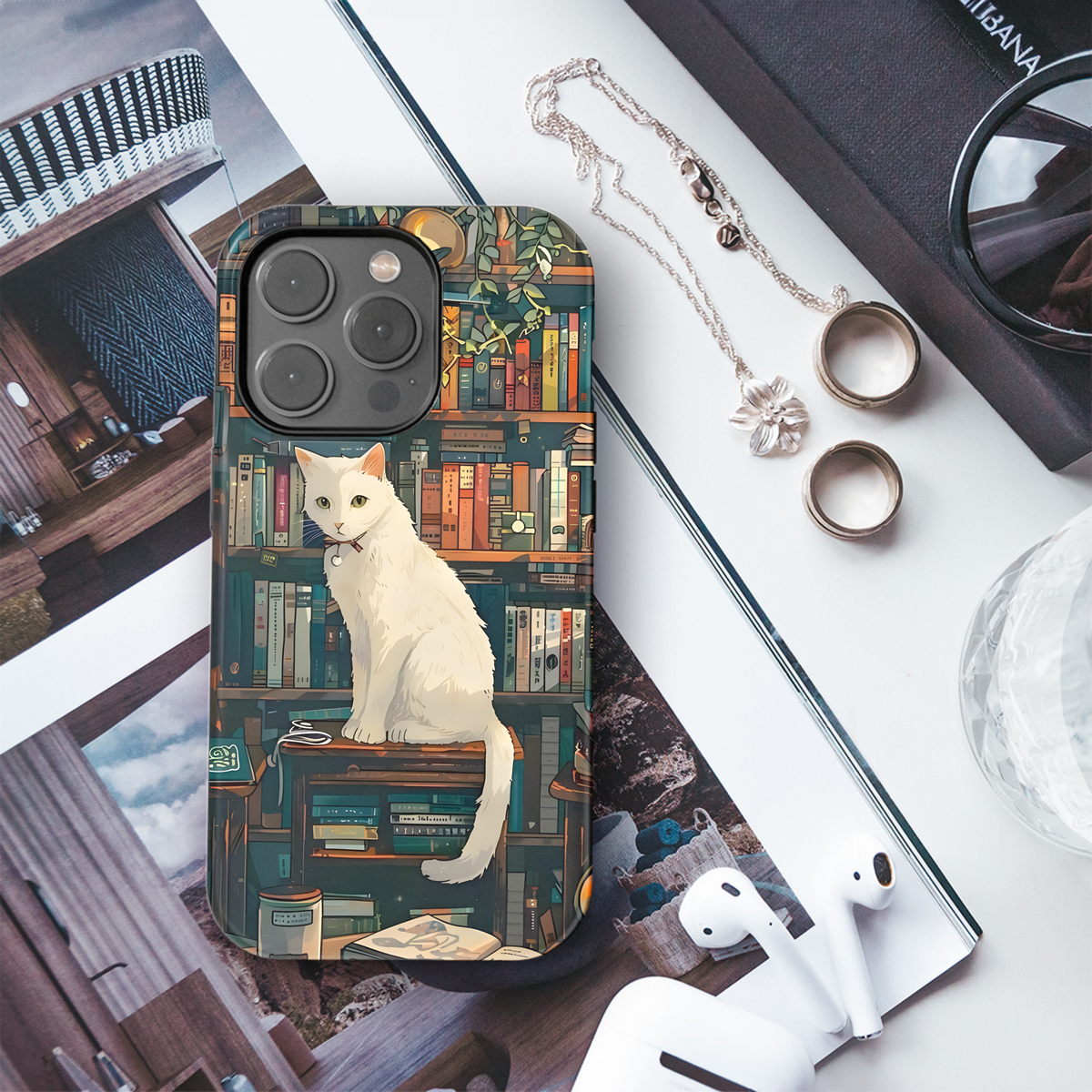 White Cat Book Shelf Phone Case iPhone Samsung Cover Pixel 3565 - Image 3