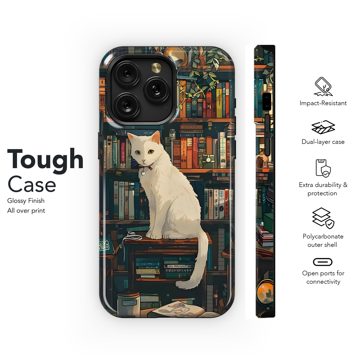 White Cat Book Shelf Phone Case iPhone Samsung Cover Pixel 3565 - Image 6