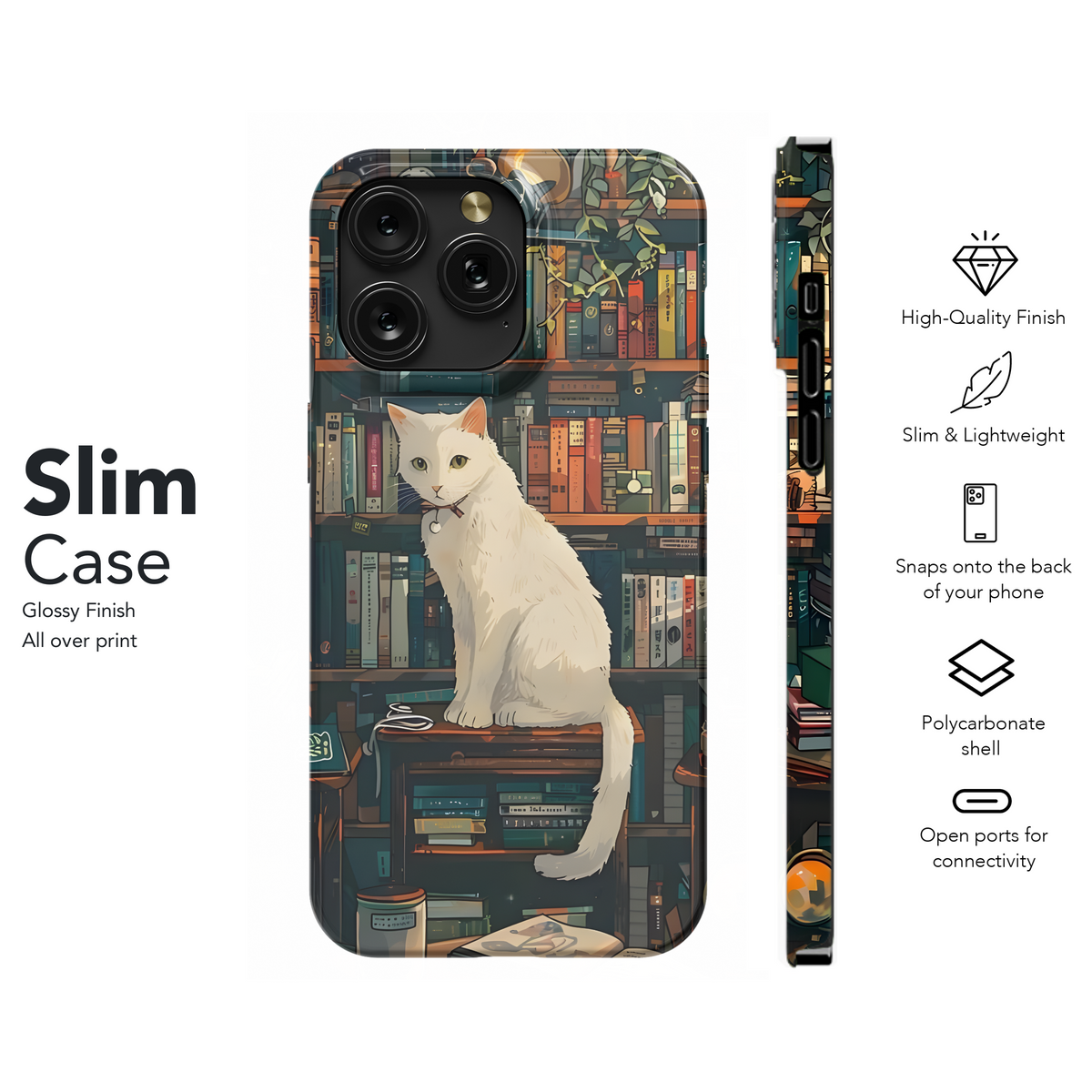 White Cat Book Shelf Phone Case iPhone Samsung Cover Pixel 3565 - Image 7