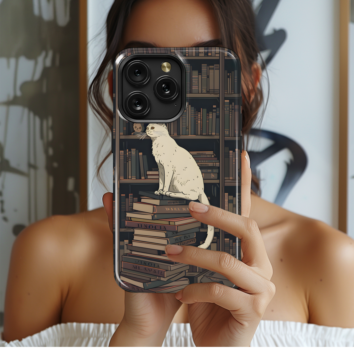 White Cat Book Shelf Phone Case iPhone Samsung Cover Pixel 3618 - Image 2