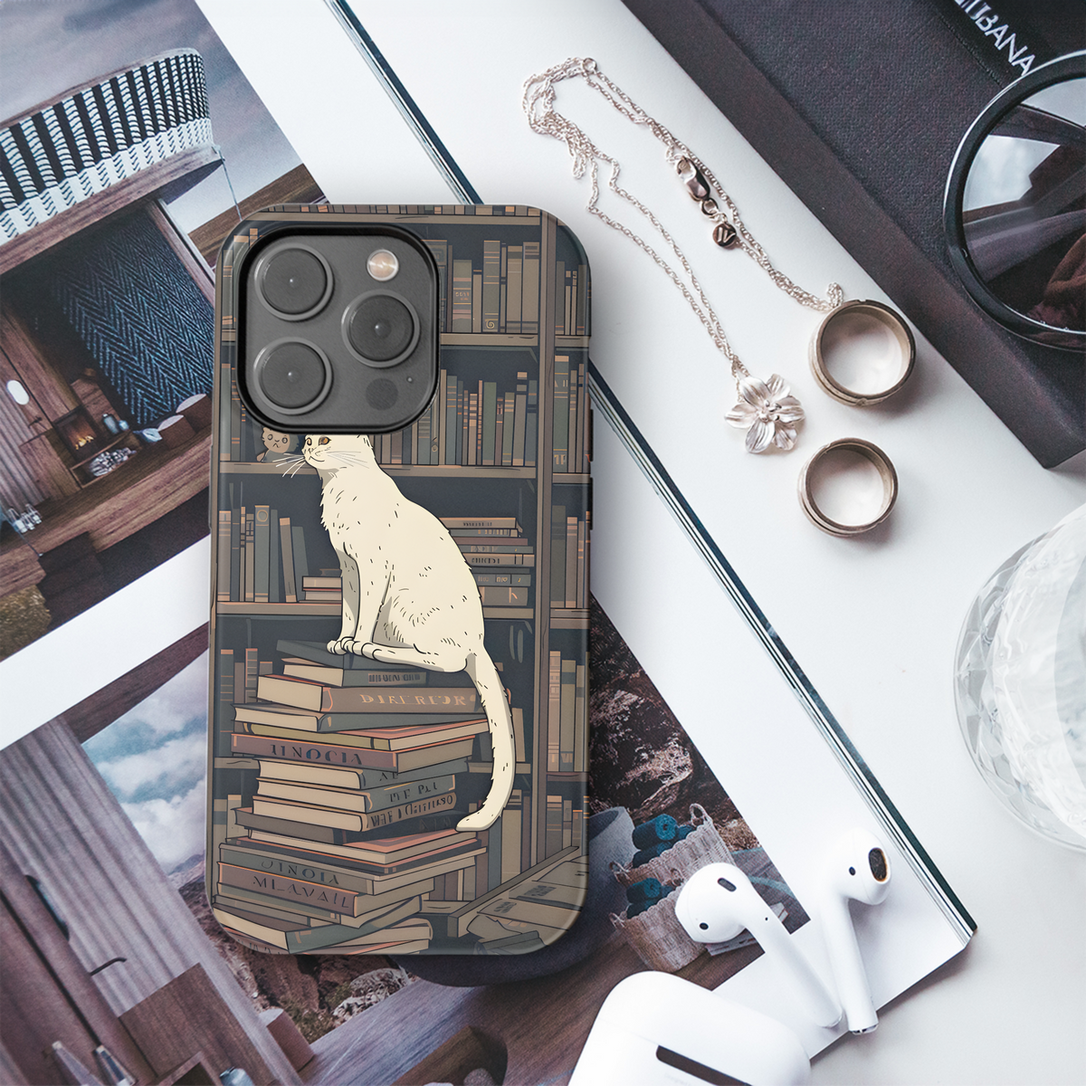 White Cat Book Shelf Phone Case iPhone Samsung Cover Pixel 3618 - Image 3