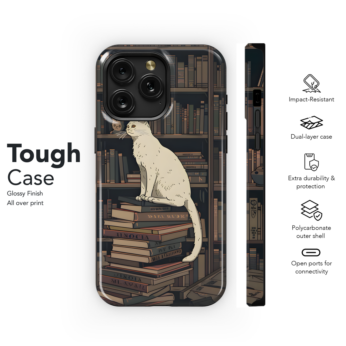 White Cat Book Shelf Phone Case iPhone Samsung Cover Pixel 3618 - Image 6