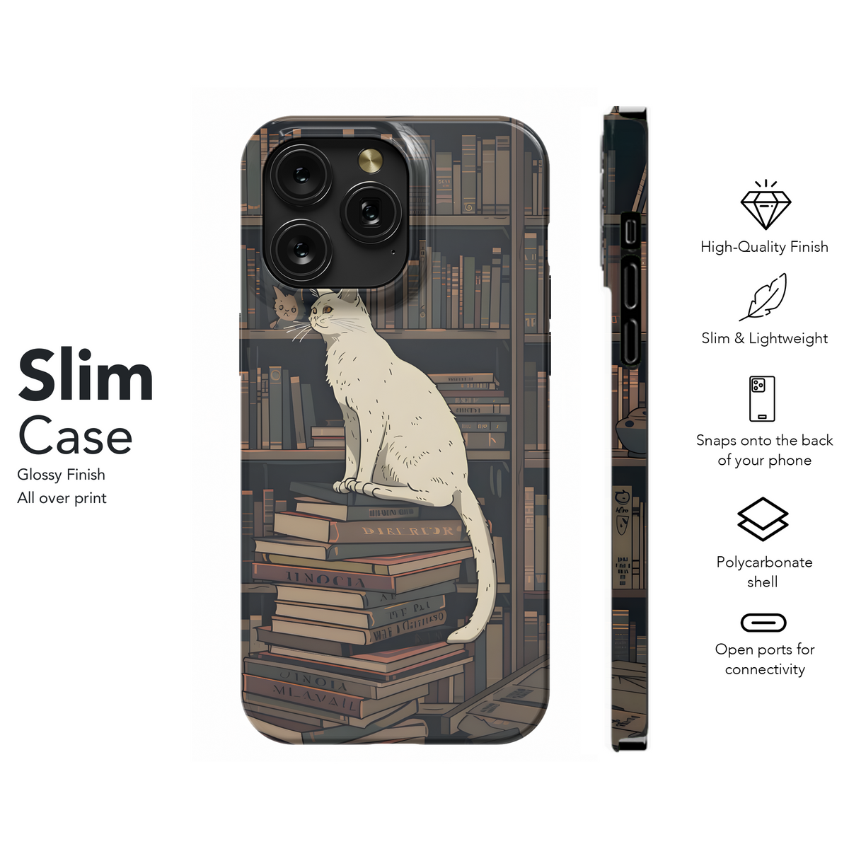 White Cat Book Shelf Phone Case iPhone Samsung Cover Pixel 3618 - Image 7