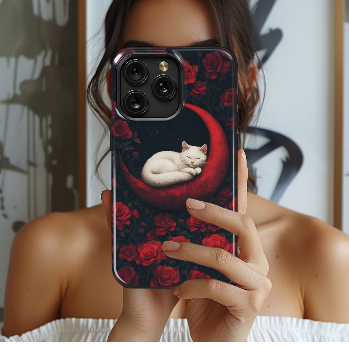 White Cat Red Roses Phone Case iPhone Samsung Cover Pixel 3642 - Image 2