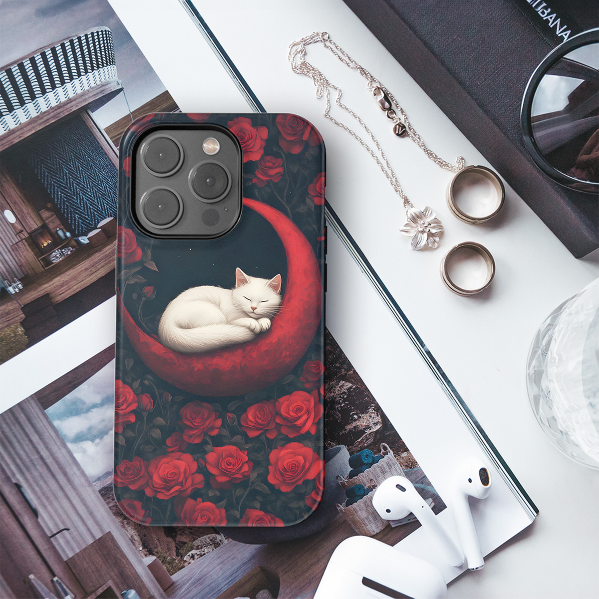 White Cat Red Roses Phone Case iPhone Samsung Cover Pixel 3642 - Image 3