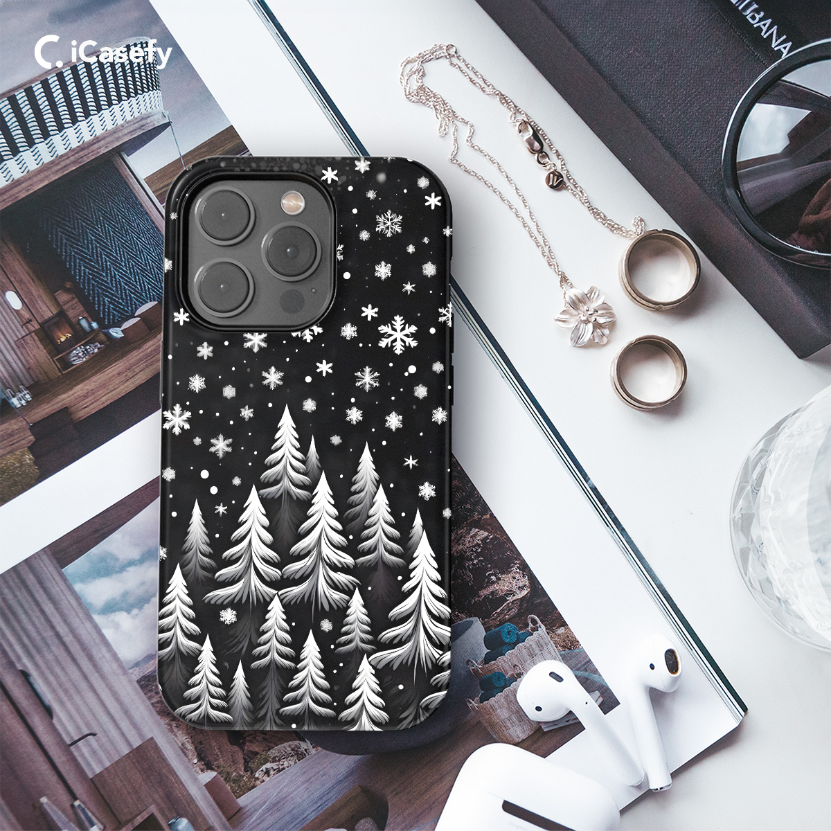 Winter Snowing White Christmas Tree Aesthetic Phone Case iPhone Samsung Cover Pixel 1648 - Image 3