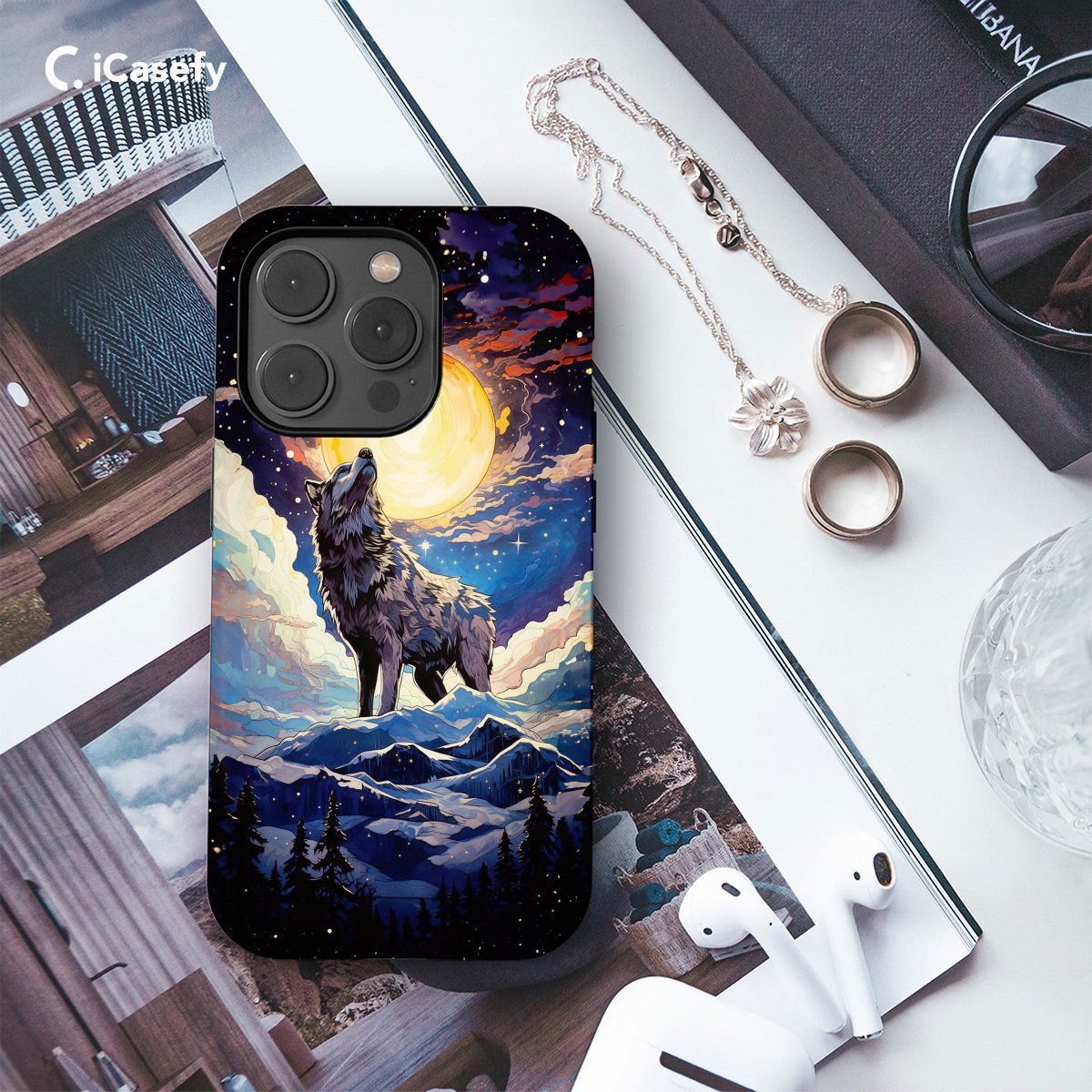 Wolf Sky Moon Animal Watercolor Phone Case iPhone Samsung Pixel & More #553 - Image 3