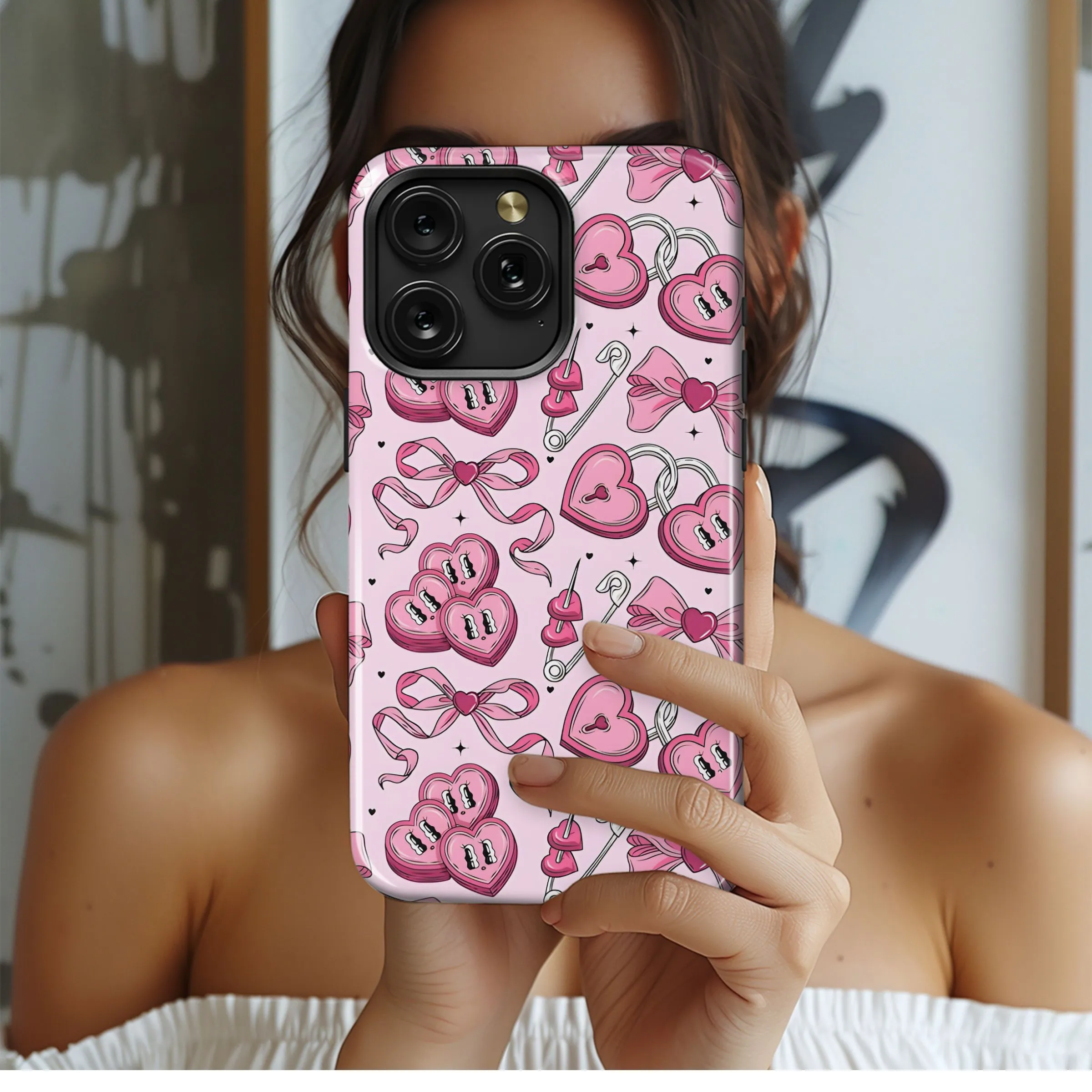 Adorable Pink Heart Lock Bows Phone Case iPhone Samsung Cover Pixel 5255