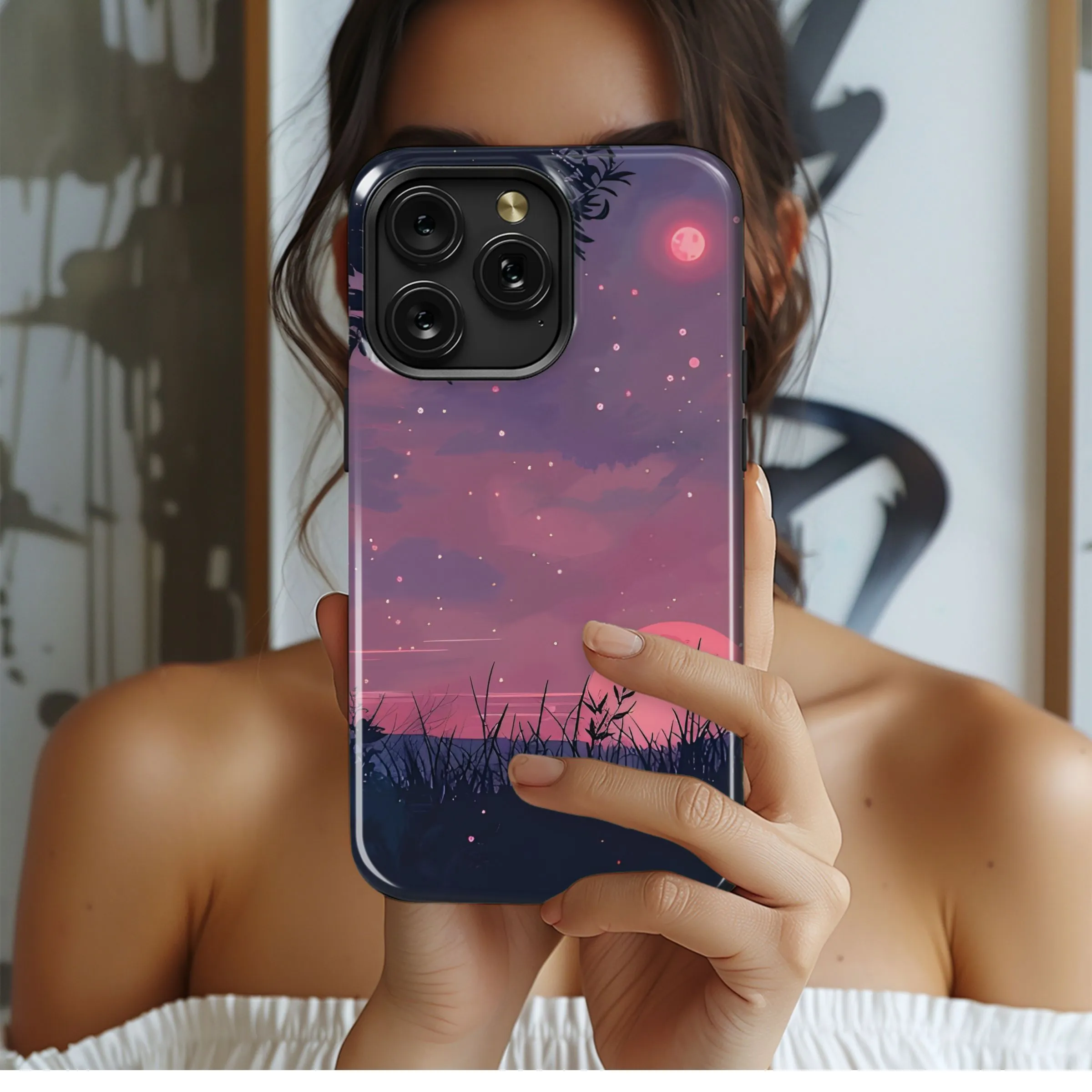 Aesthetic Pink Moon Sky Phone Case iPhone Samsung Cover Pixel 5449