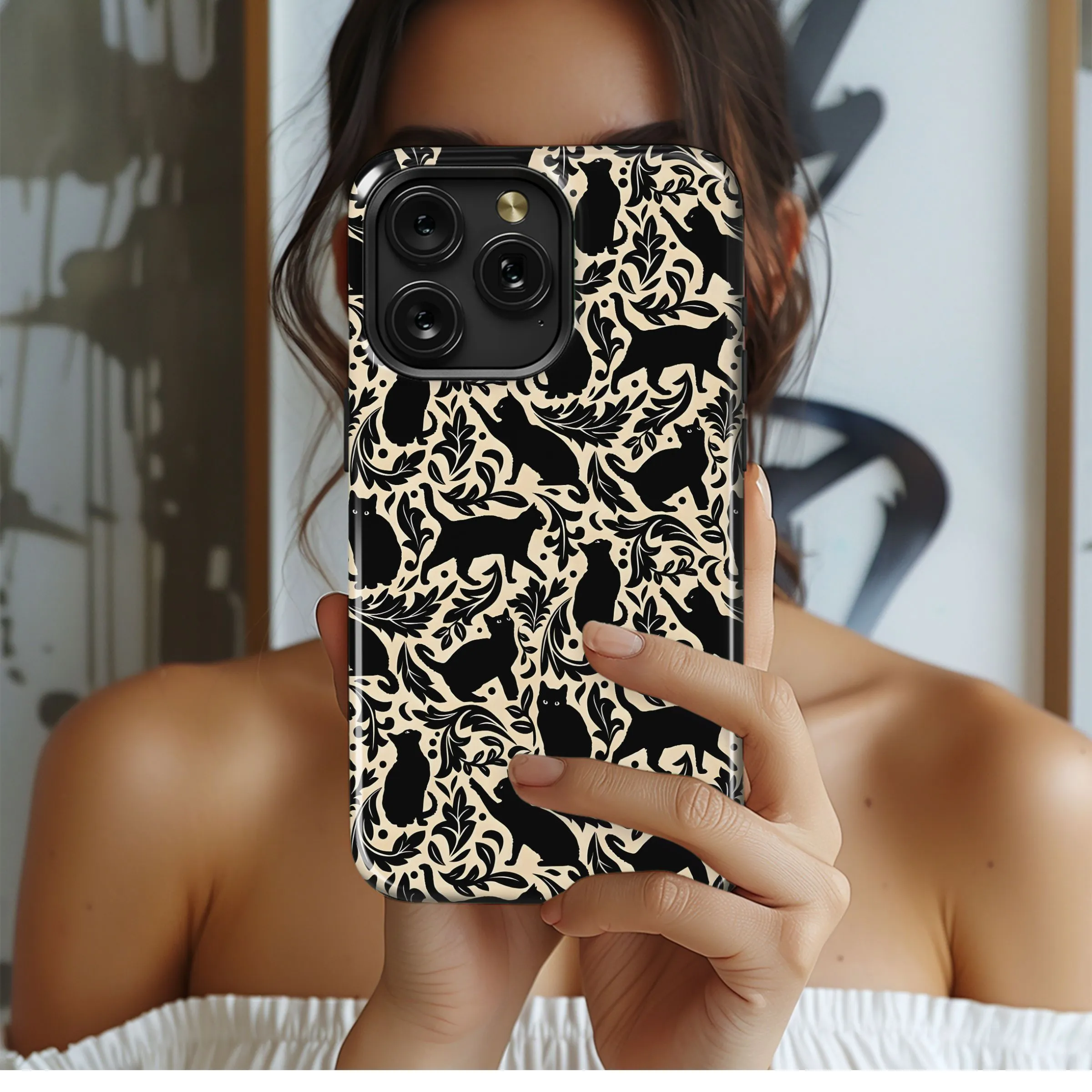 Black Cat Elegant Scroll Pattern Phone Case iPhone Samsung Cover Pixel 5336