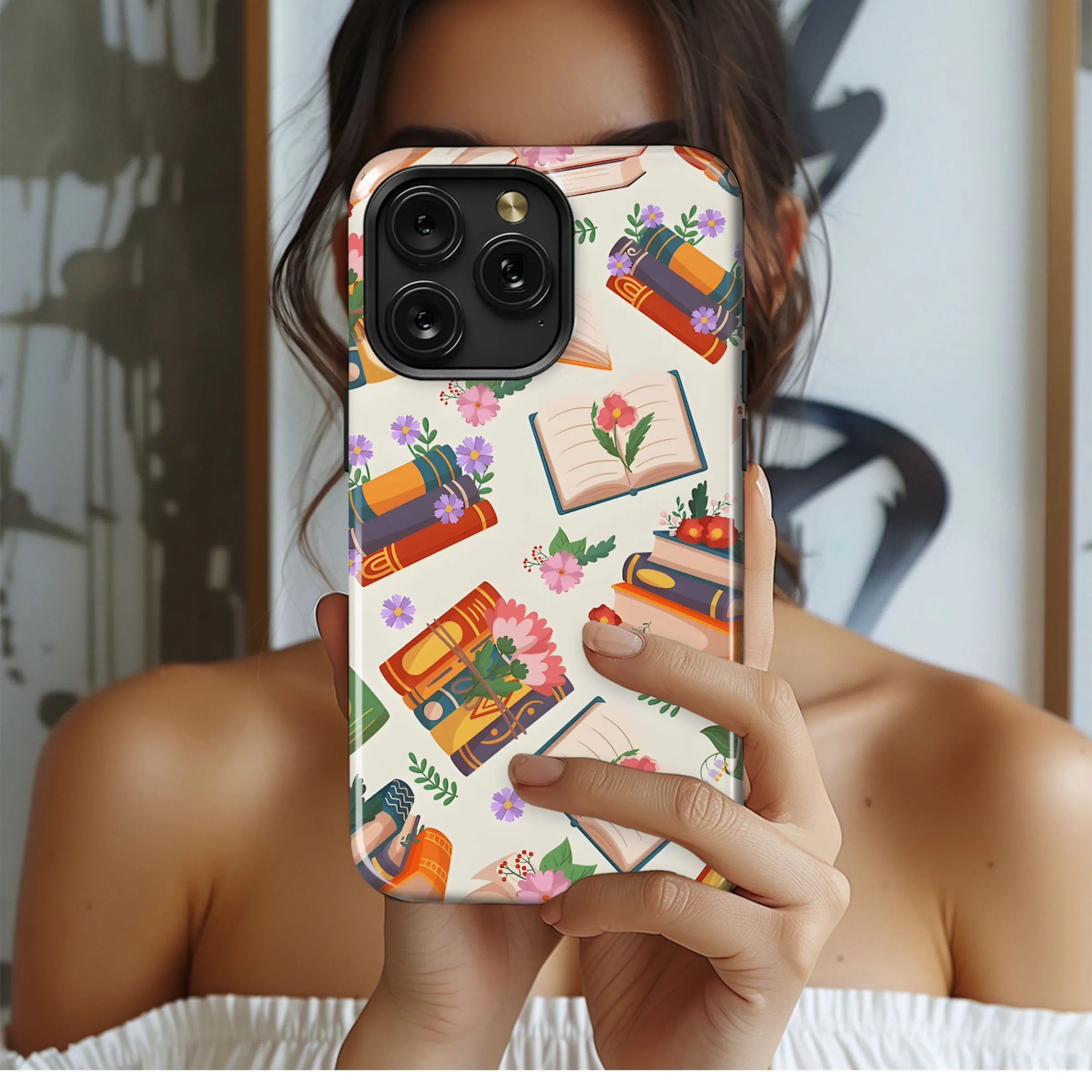 Books and Blossoms Pattern Phone Case iPhone Samsung Cover Pixel 5414