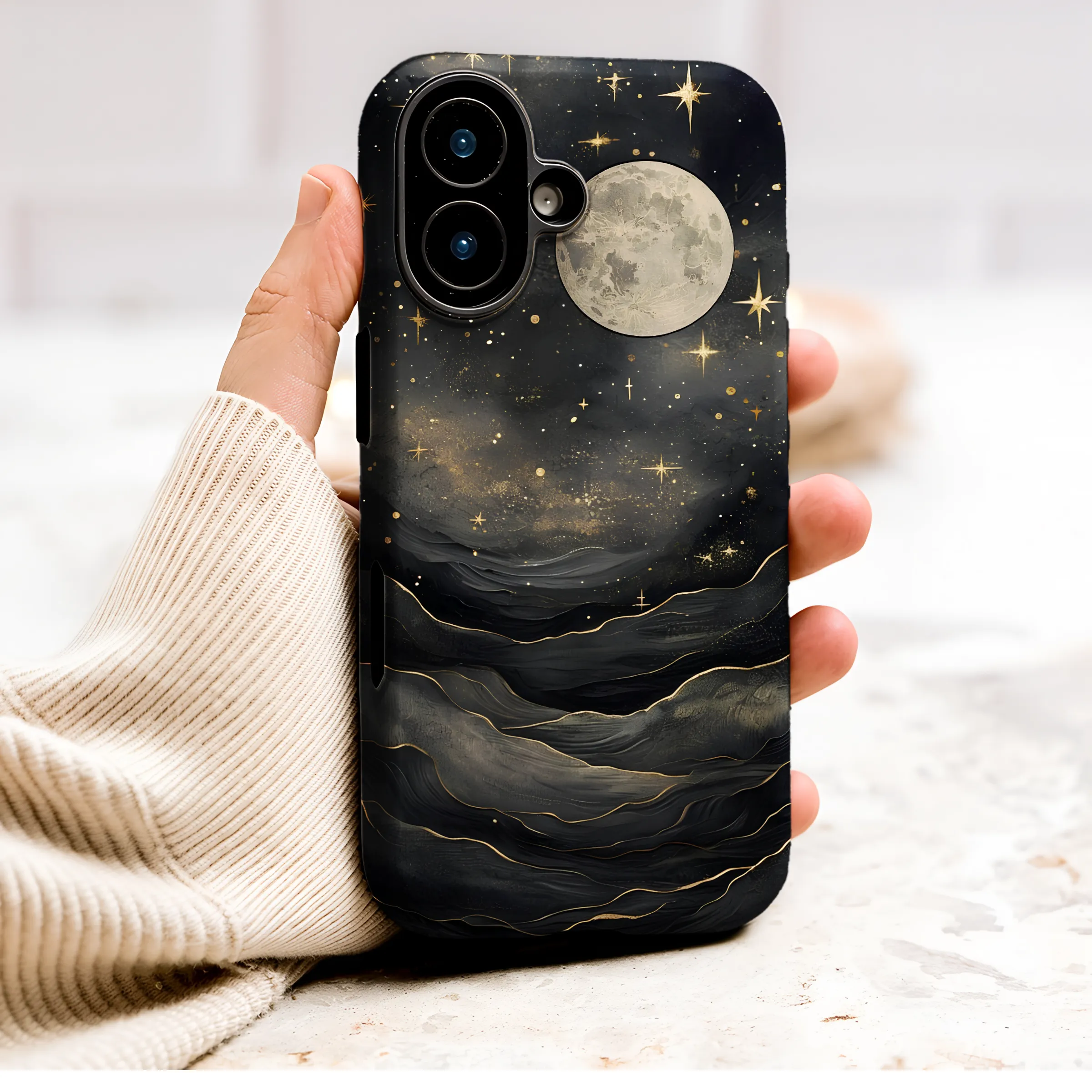 Celestial Moon Night Sky Black and Gold Artwork Phone Case Cover for iPhone 17 Pro Max 16 15 Plus 14 13 Mini Samsung S26 S25 Pixel 10 9 9500 - Image 1
