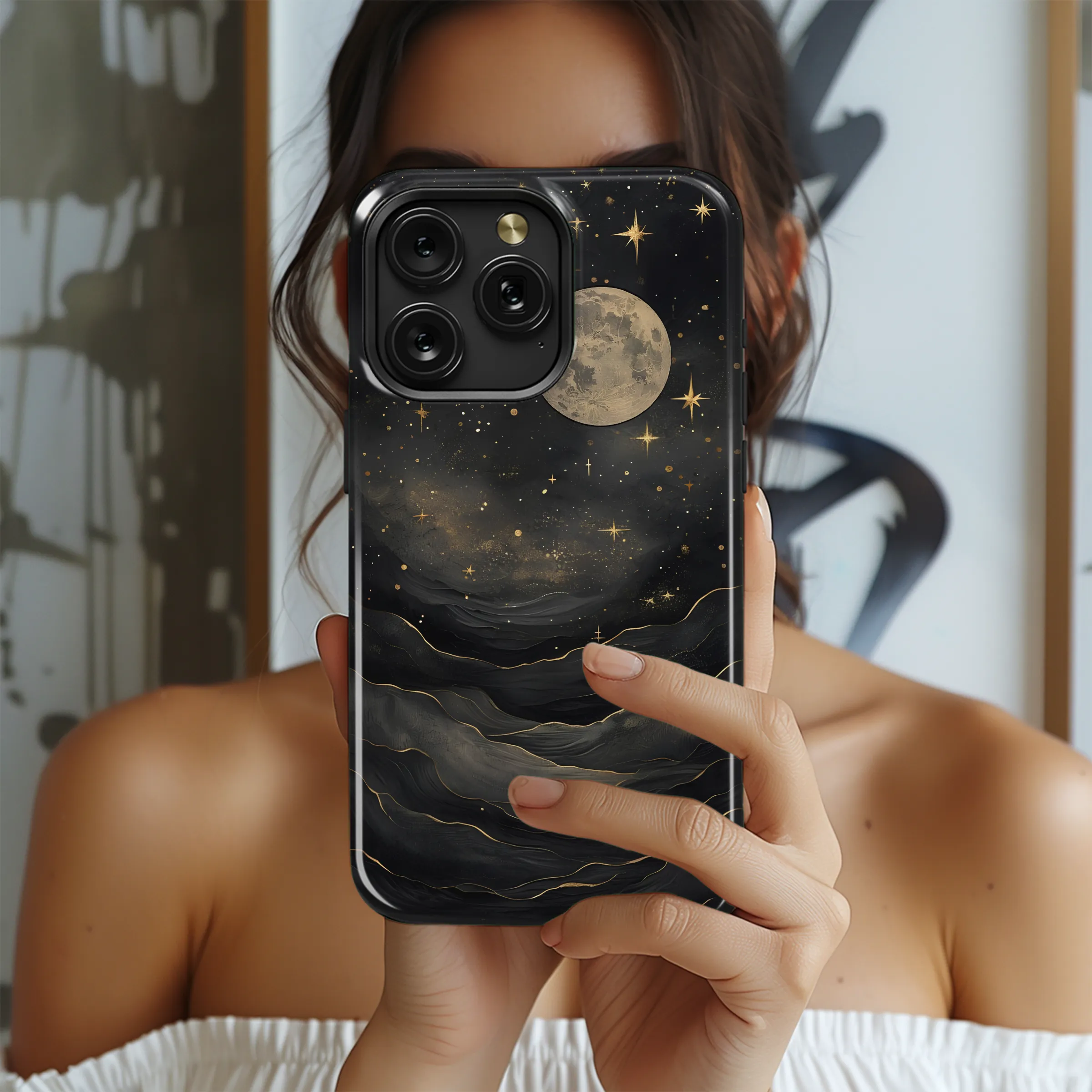 Celestial Moon Night Sky Black and Gold Artwork Phone Case Cover for iPhone 17 Pro Max 16 15 Plus 14 13 Mini Samsung S26 S25 Pixel 10 9 9500 - Image 2