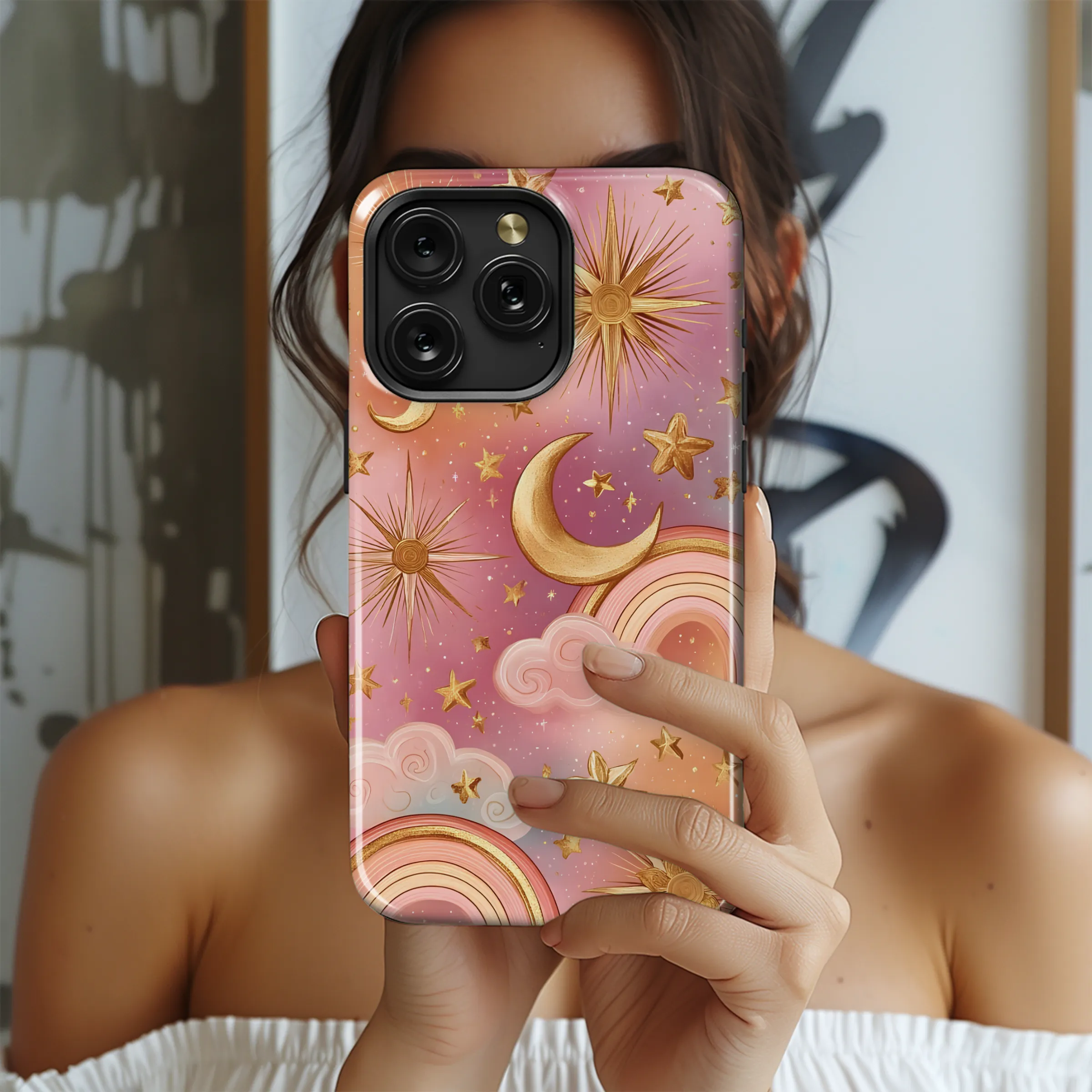 Celestial Sky Gold Moon Star Rainbow Design Phone Case Cover for iPhone 17 Pro Max 16 15 Plus 14 13 Mini Samsung S26 S25 Pixel 10 9 9498 - Image 2