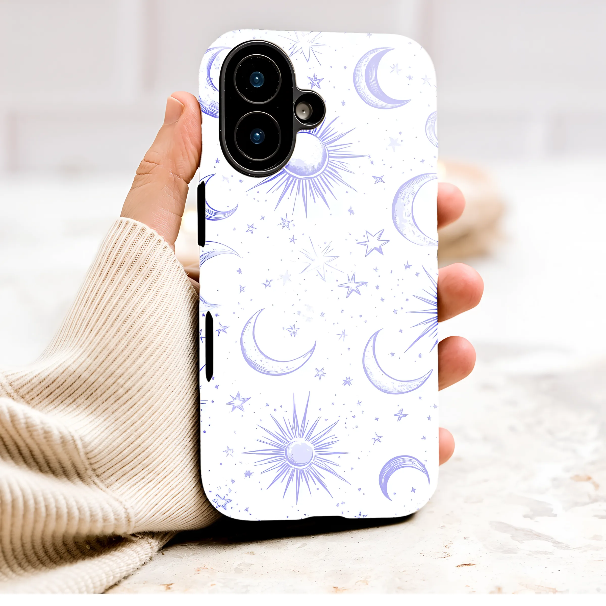 Celestial Sun Moon Star Lavender Sketch Design Phone Case Cover for iPhone 17 Pro Max 16 15 Plus 14 13 Mini Samsung S26 S25 Pixel 10 9 9496 - Image 1