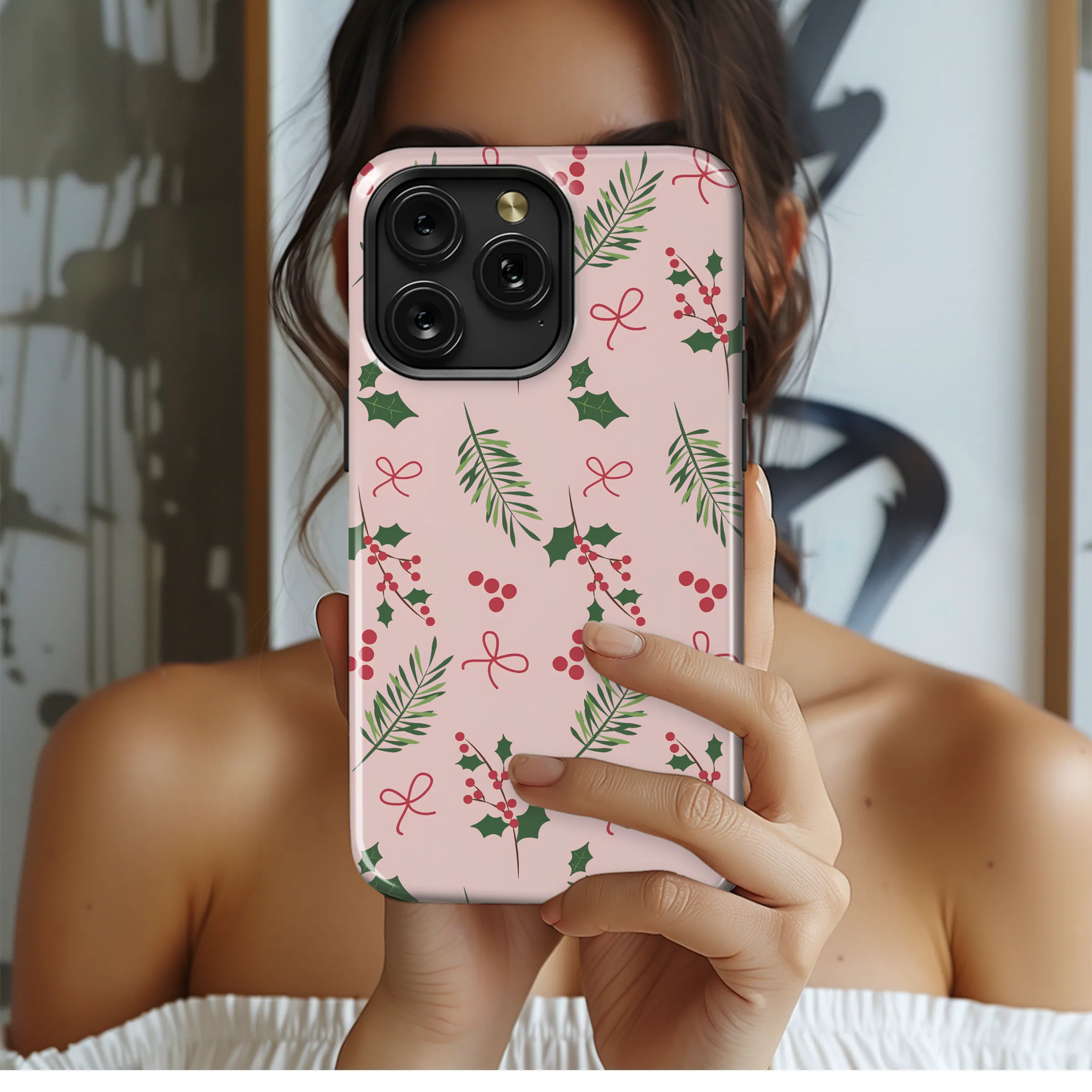 Christmas Holly on Blush Pink Phone Case iPhone Samsung Cover Pixel 8076 - Image 2