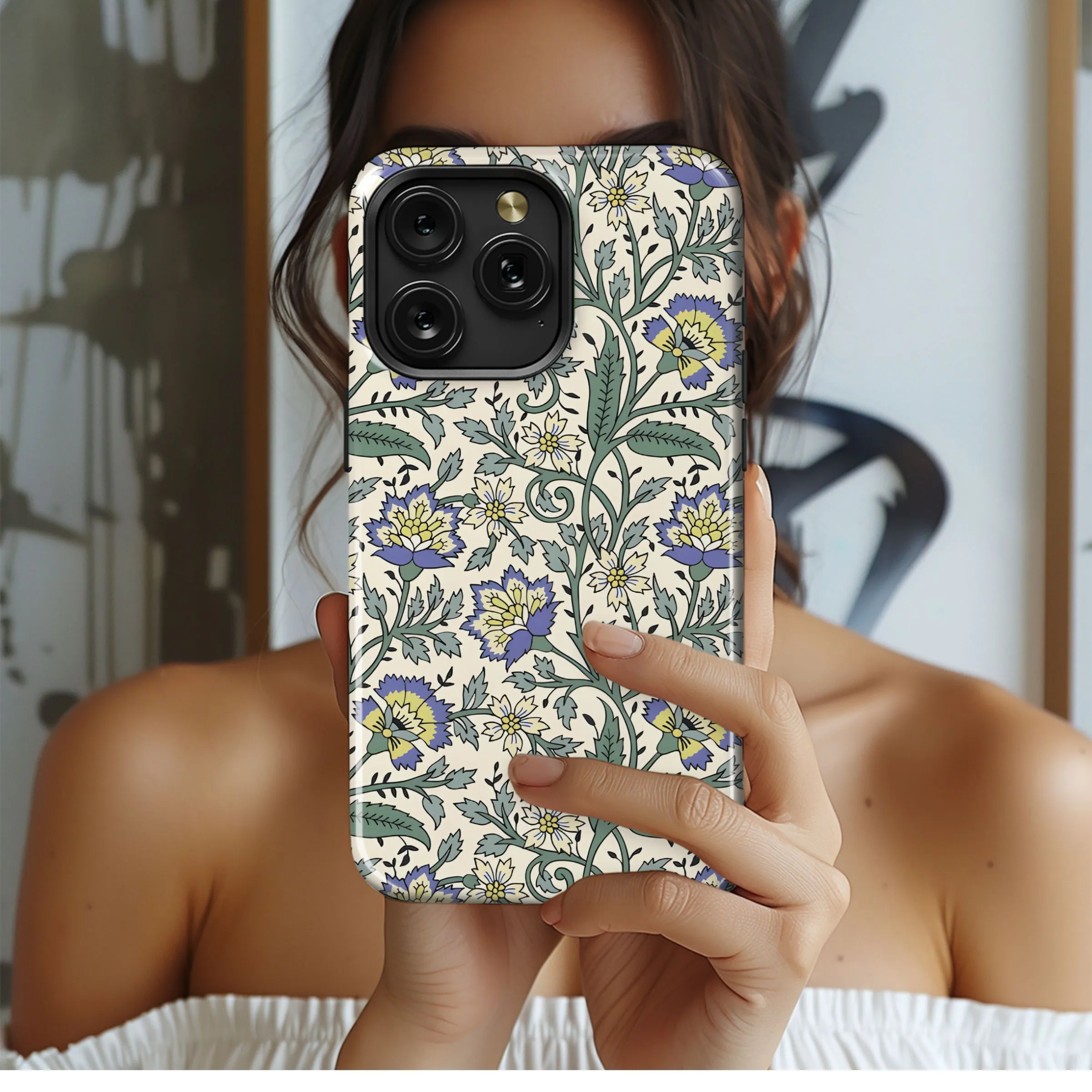 Classic Blue Yellow Floral Print Phone Case iPhone Samsung Cover Pixel 5320