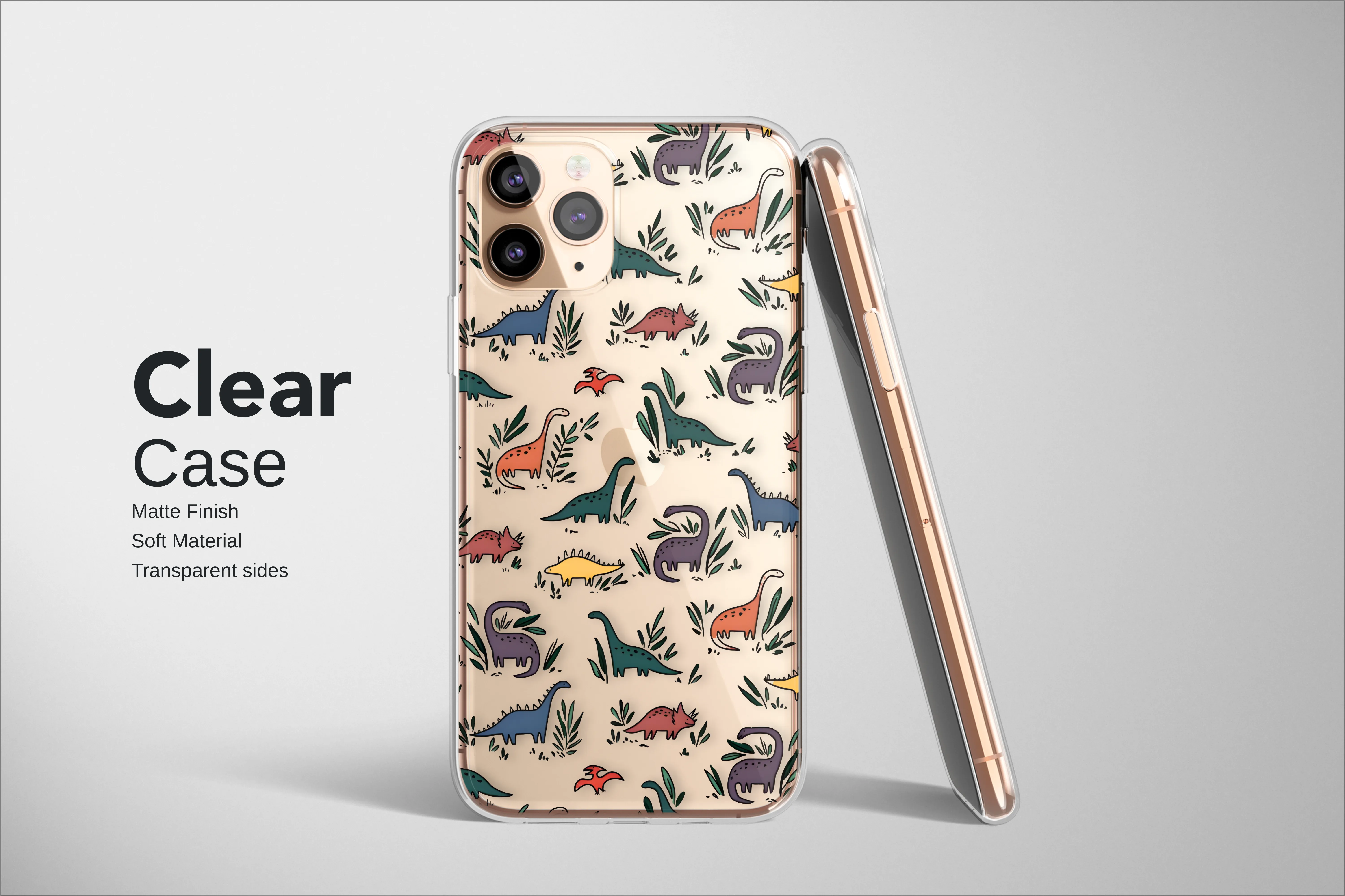 Clear Clear Colorful Cartoon Dinosaur Jungle Doodle Illustration Phone Case Cover for iPhone 17 Pro Max 16 15 13 Samsung S25 S24 Pixel 9244