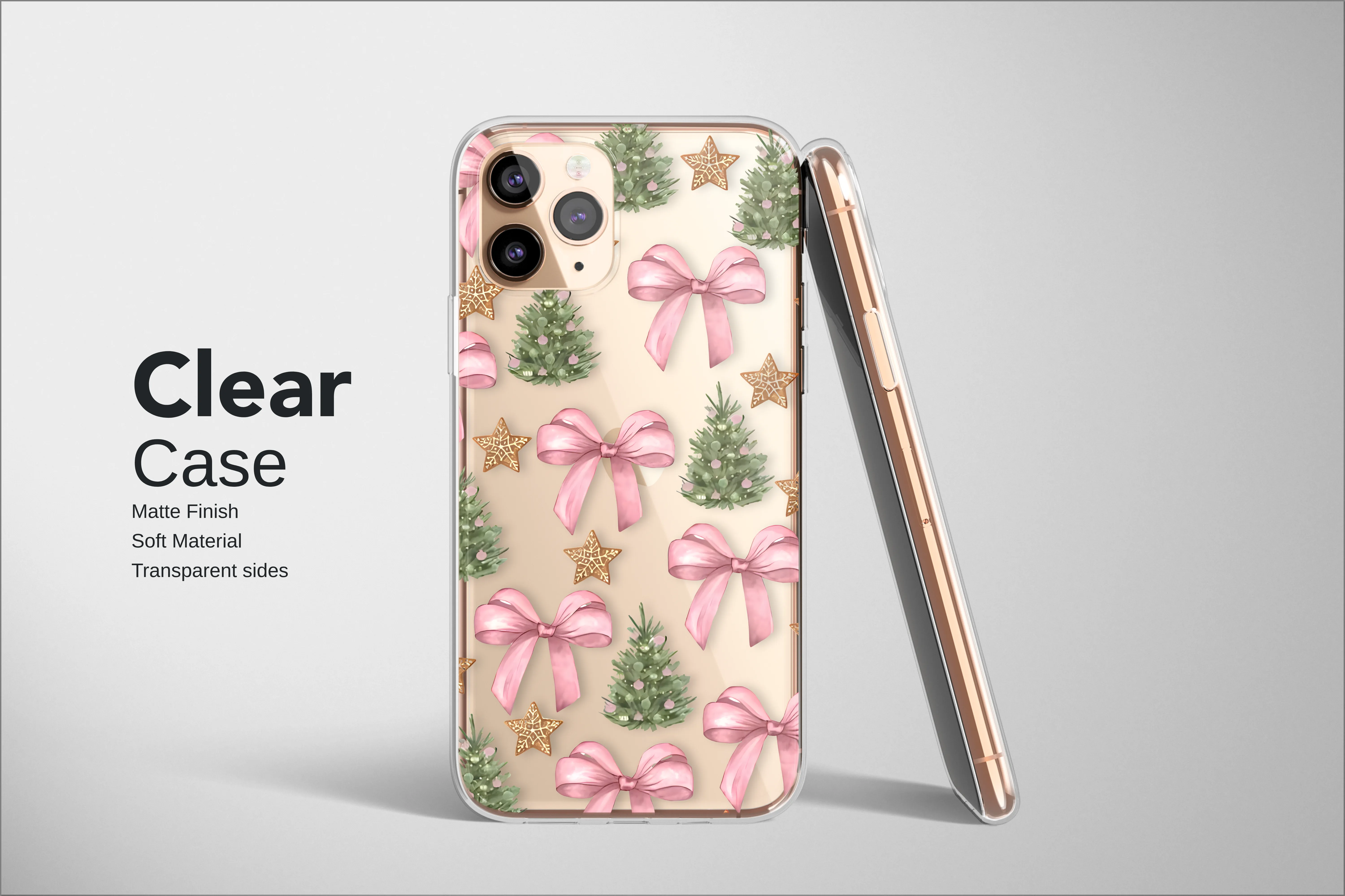 Clear Clear Festive Pink Bow Christmas Tree Stripe Art Phone Case Cover for iPhone 17 Pro Max 16 15 13 Samsung S25 S24 Pixel 8538