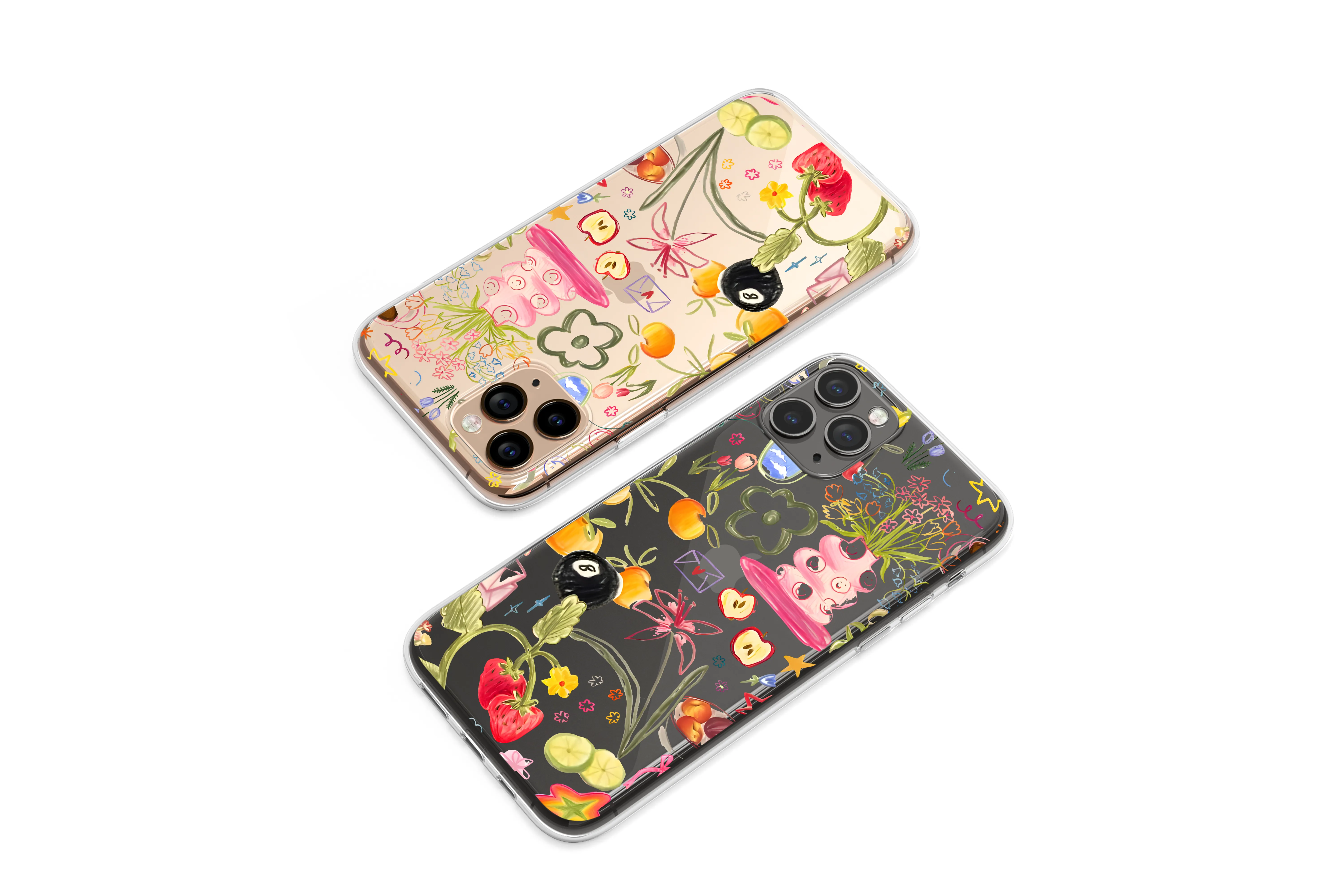 Clear Clear Whimsical Doodle Collage Colorful Fruit and Flower Art Phone Case Cover for iPhone 17 Pro Max 16 15 13 Samsung S26 S25 Pixel 9637 - Image 1