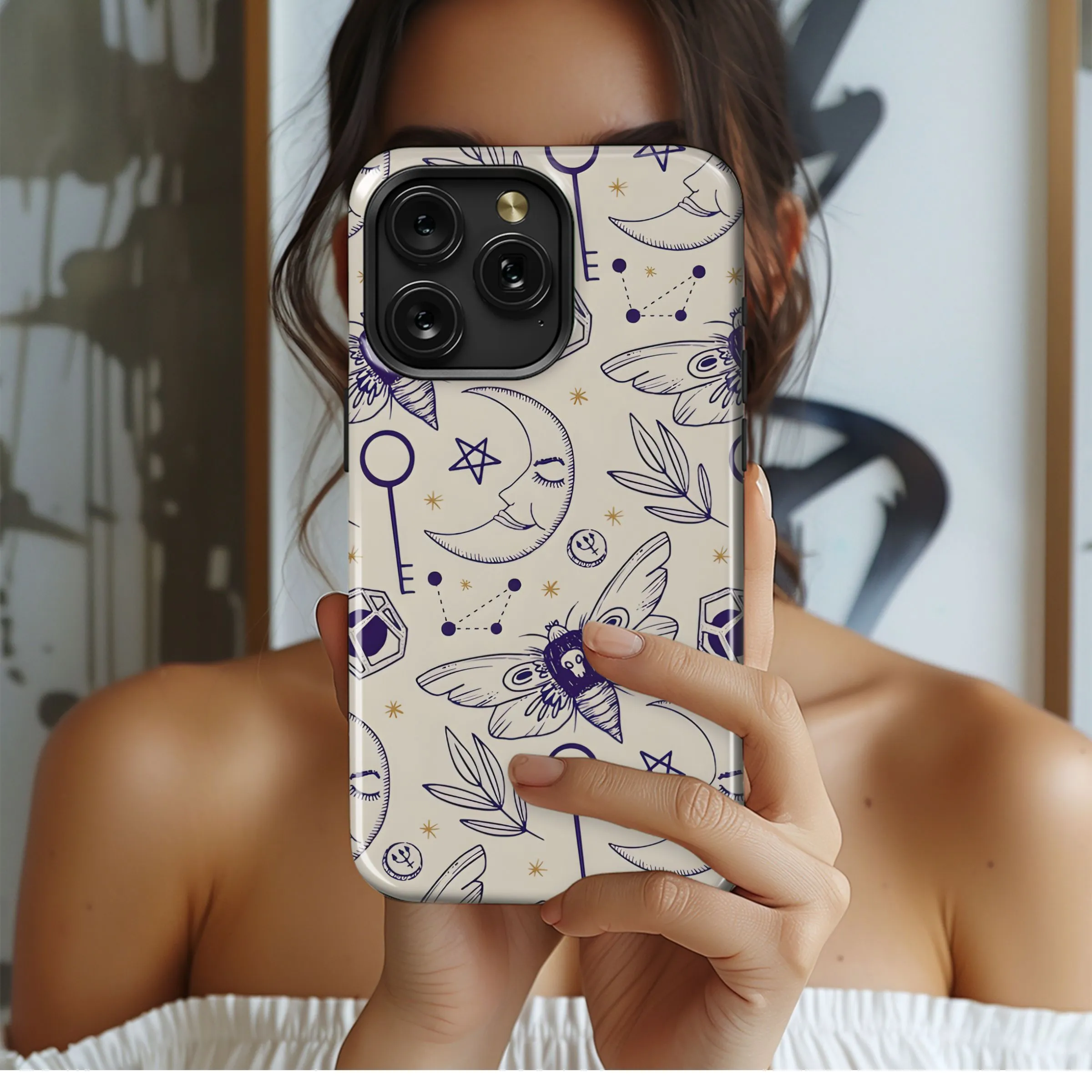 Cosmic Moth Moon Crystal Key Phone Case iPhone Samsung Cover Pixel 5287