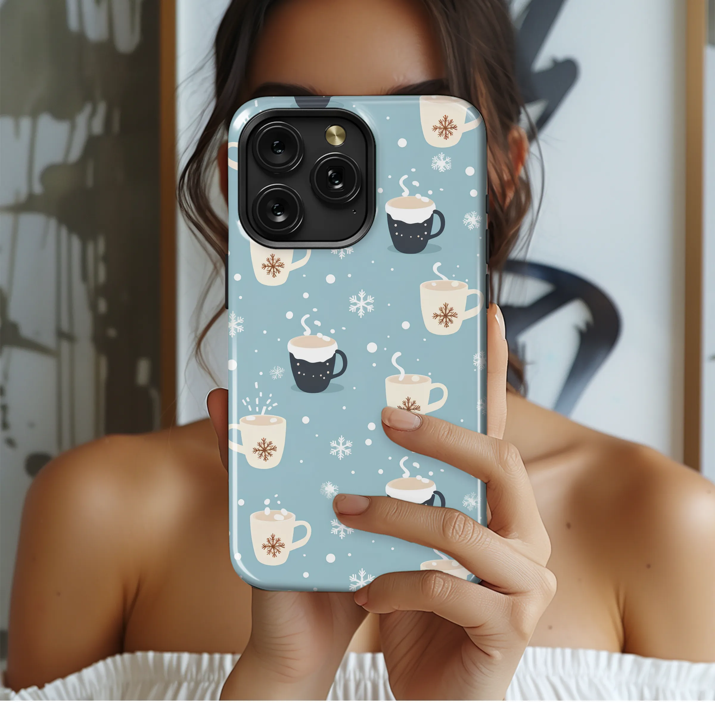 Cozy Hot Cocoa Mug Snowflake Blue Winter Pattern Phone Case Cover for iPhone 17 Pro Max 16 15 13 Samsung S25 S24 Pixel 8185