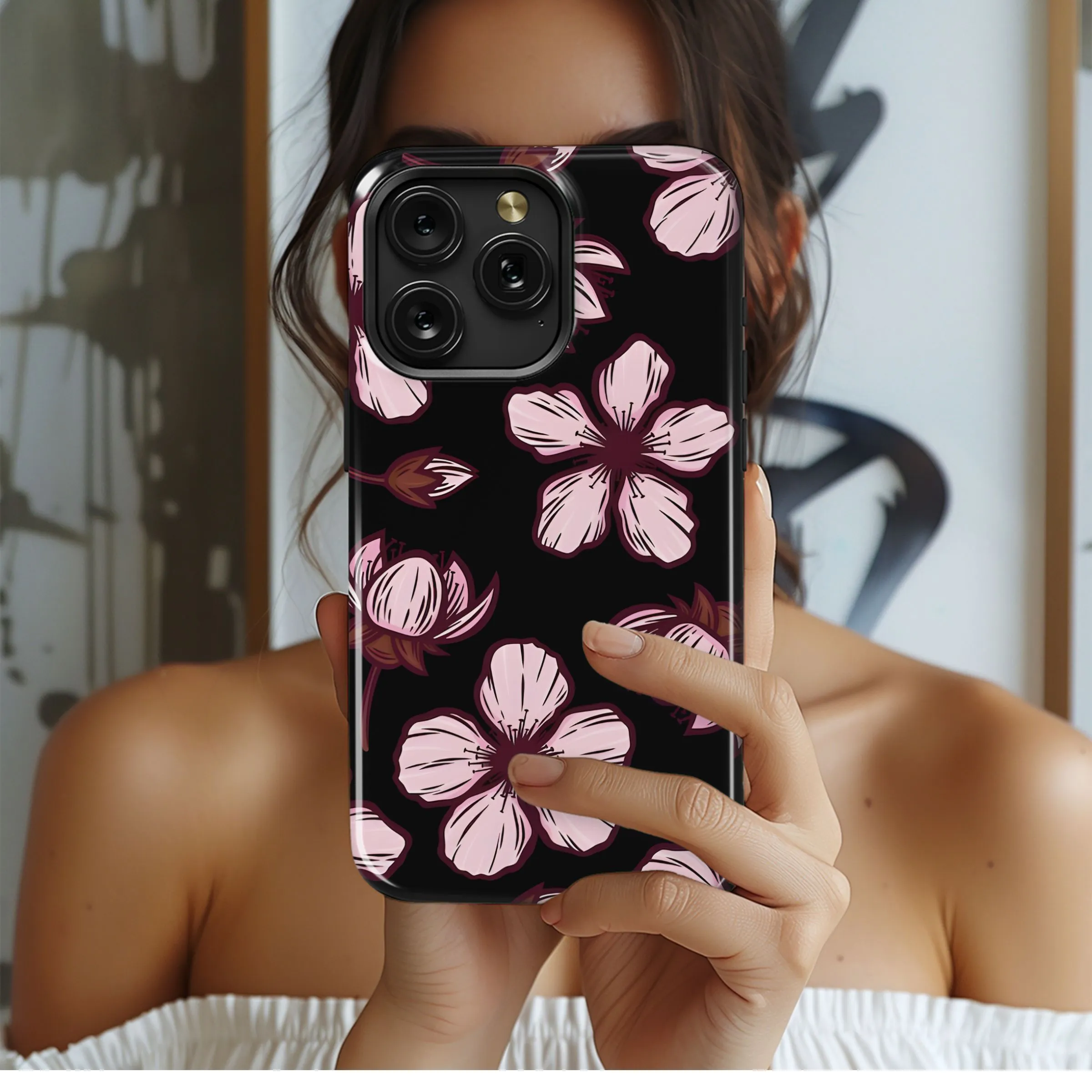 Delicate Pink Flowers Black Design Phone Case iPhone Samsung Cover Pixel 5279