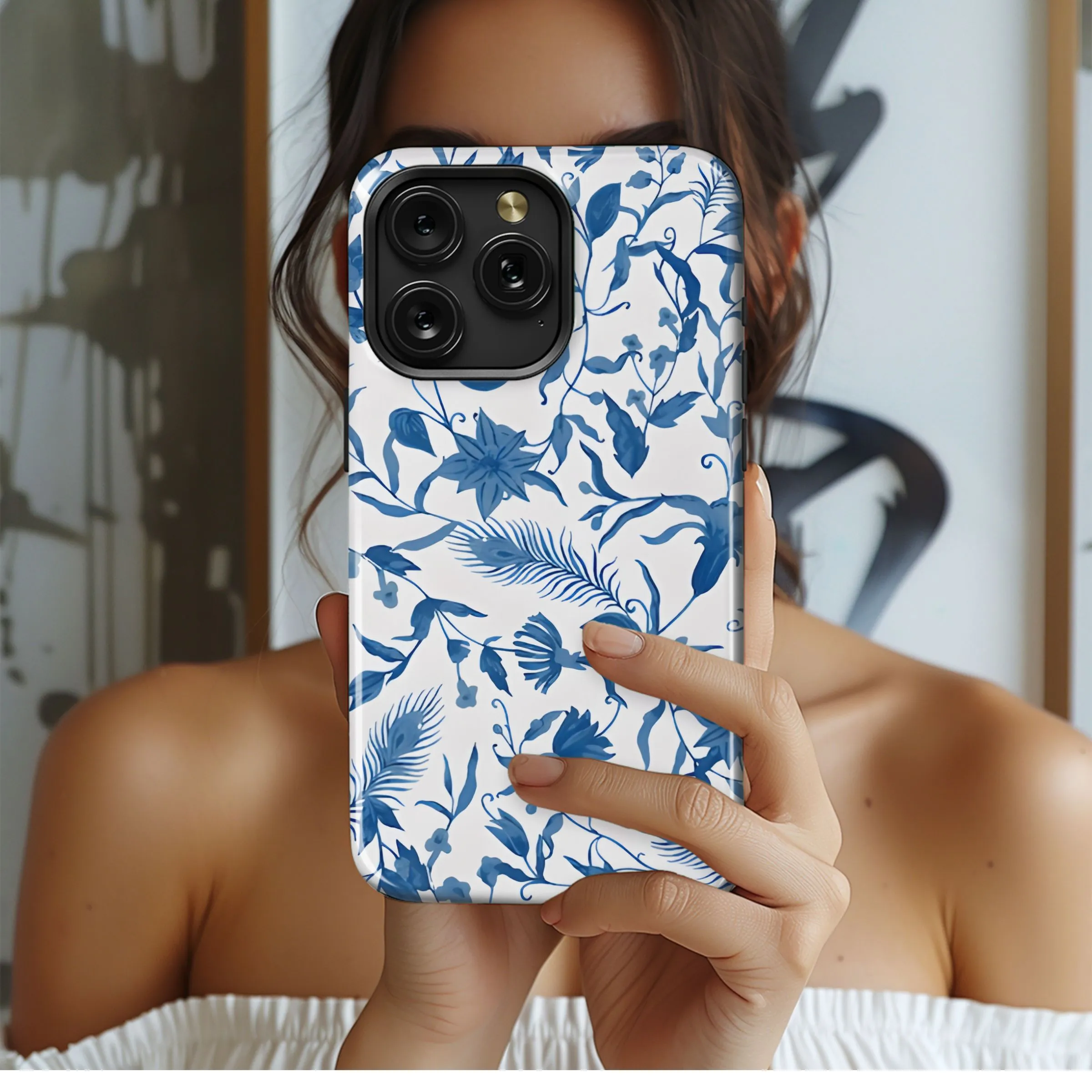 Elegant Blue White Floral Pattern Phone Case iPhone Samsung Cover Pixel 5321