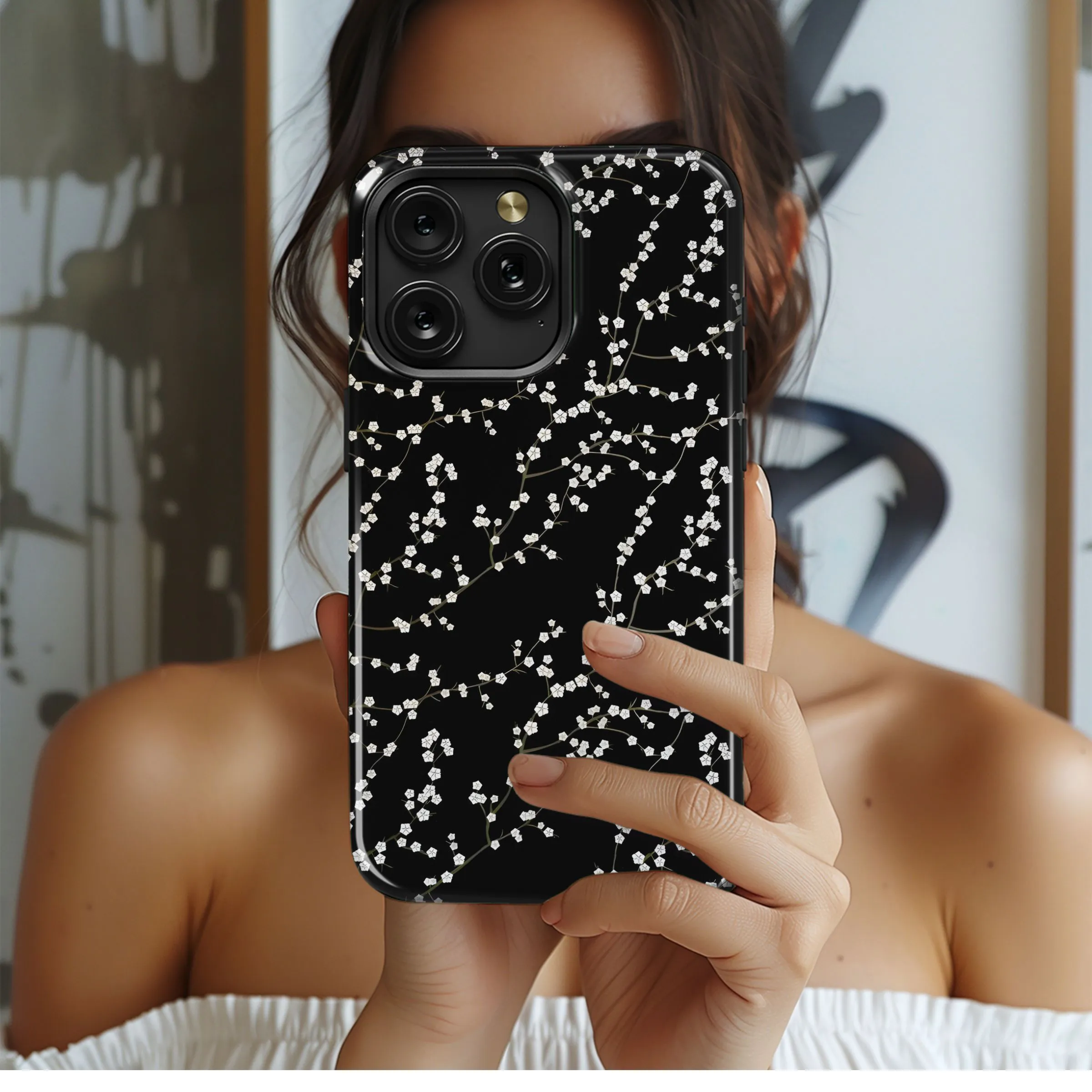 Elegant Cherry Blossom Pattern Black Phone Case iPhone Samsung Cover Pixel 5370