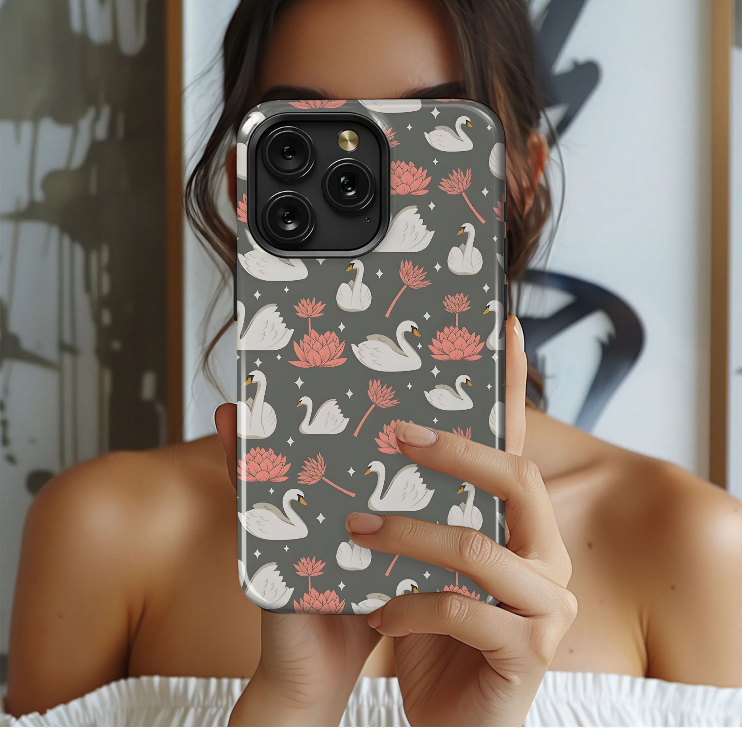 Elegant Swan Lotus Pattern Phone Case iPhone Samsung Cover Pixel 5272
