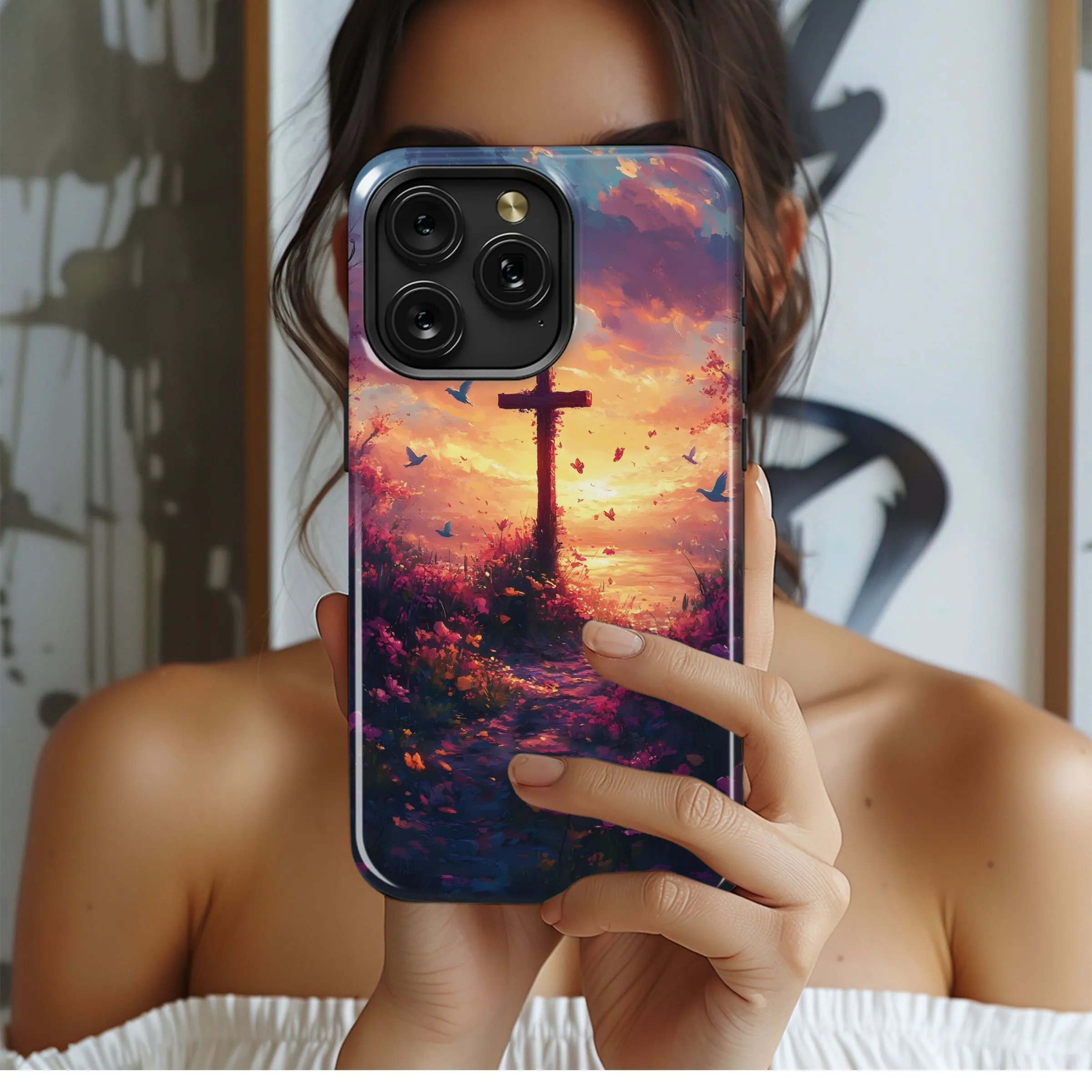 Floral Cross Sunset Serenity Art Phone Case iPhone Samsung Cover Pixel 5011