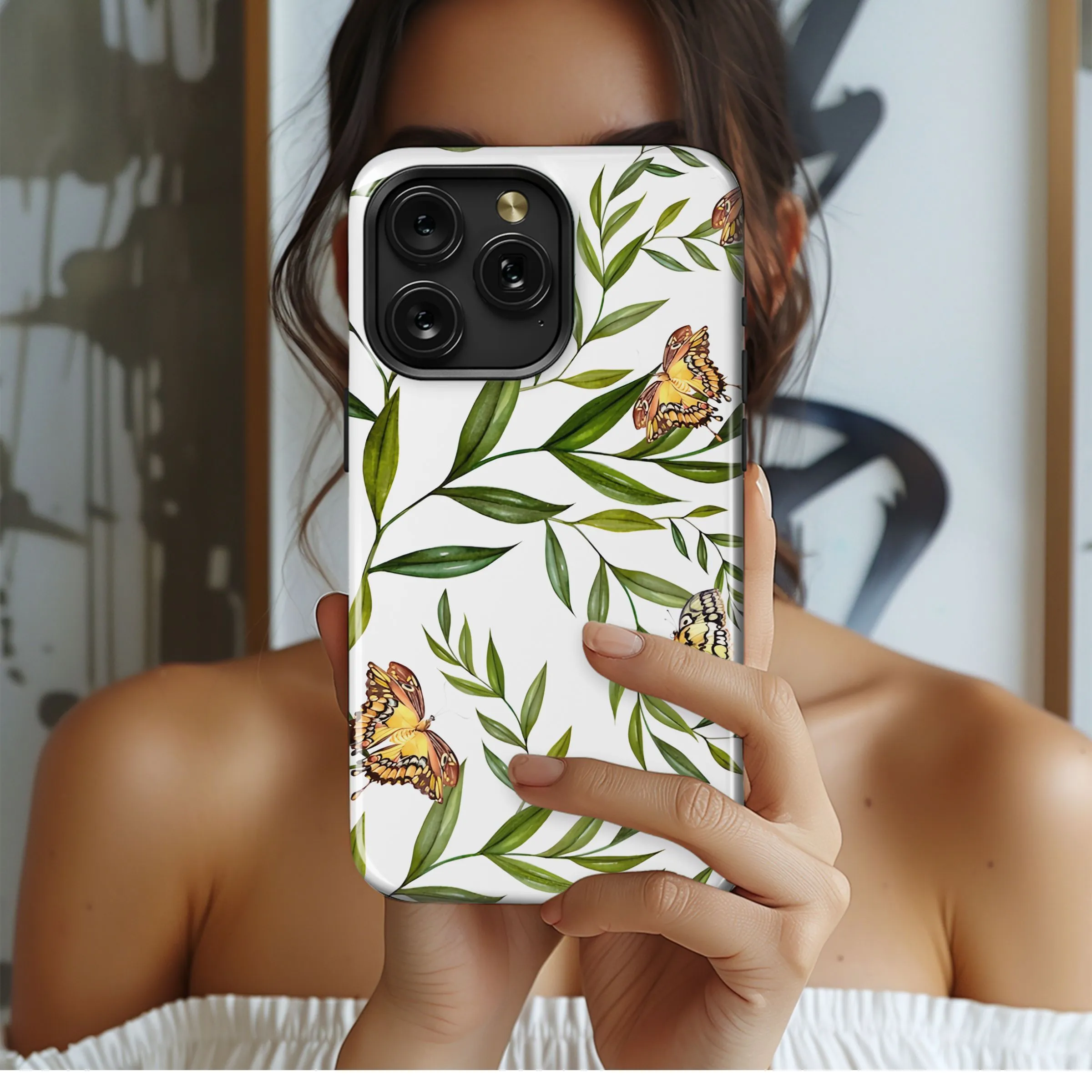Golden Butterflies and Leaves Phone Case iPhone Samsung Cover Pixel 5299